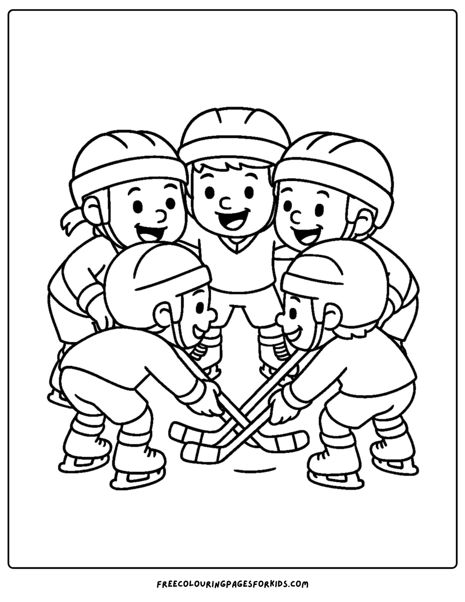 an ice hockey coloring page featuring an ice hockey team in a huddle