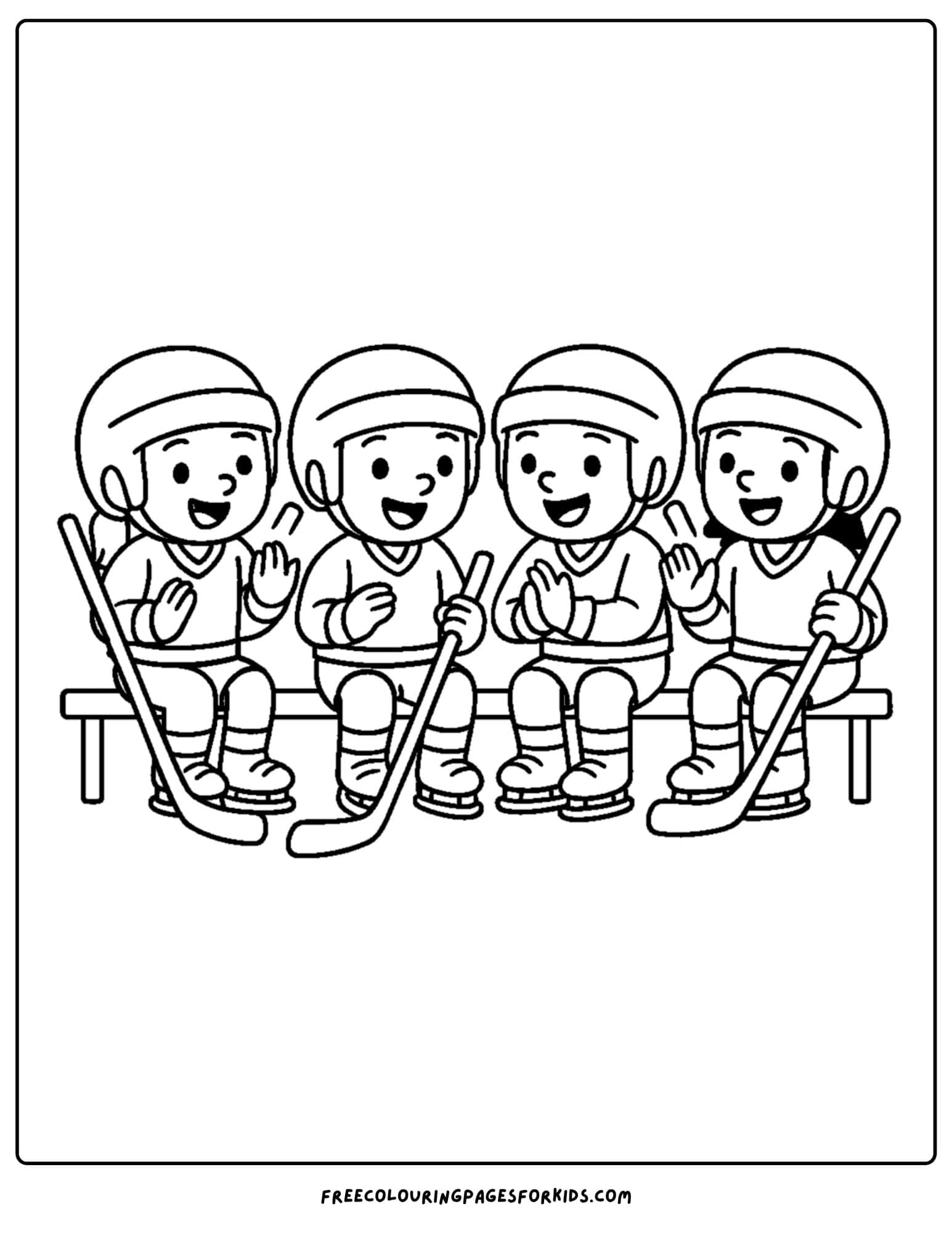 an ice hockey coloring page featuring an ice hockey team sitting on a bench in their gear