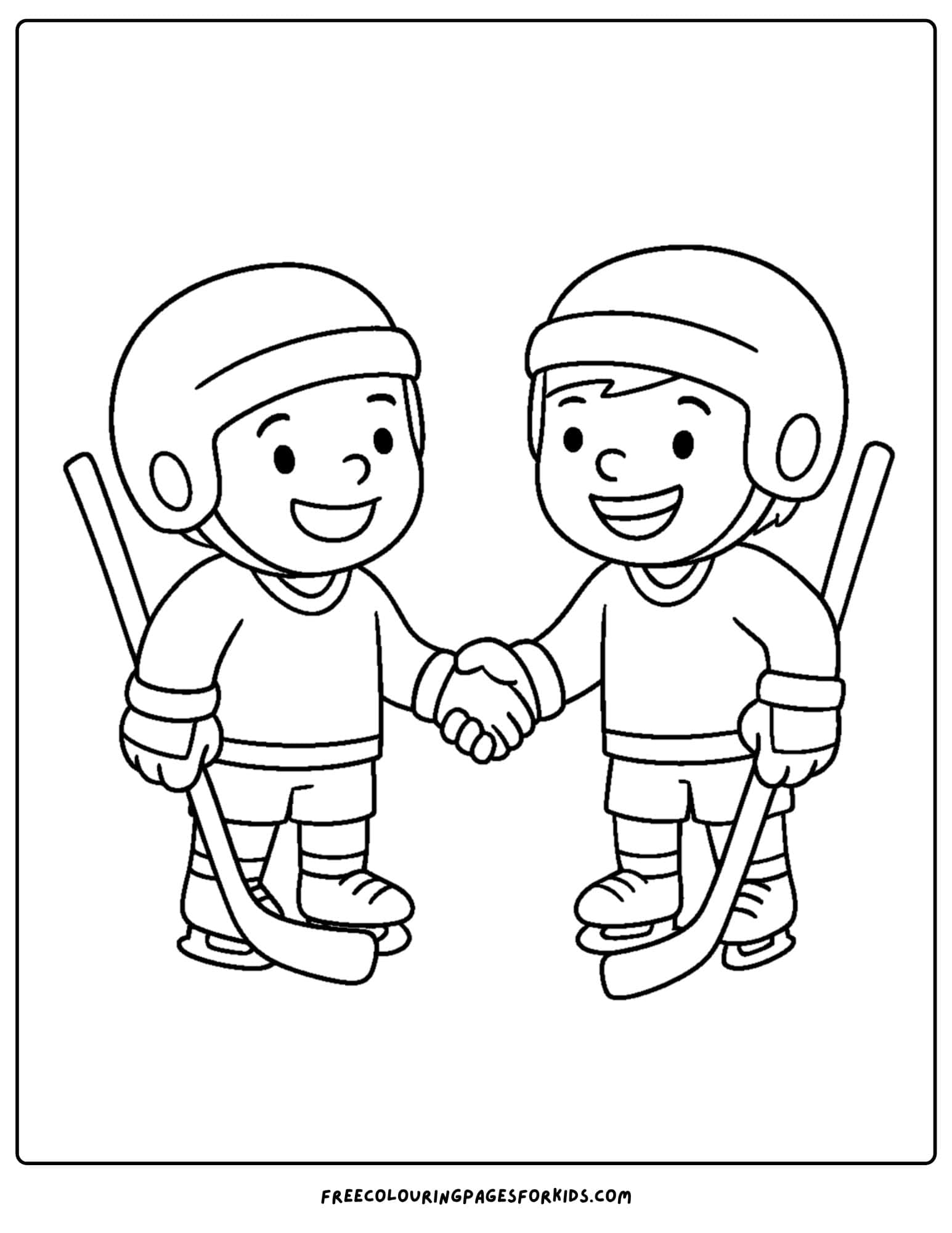 an ice hockey coloring page featuring tow players standing holding hockey sticks and shaking hands