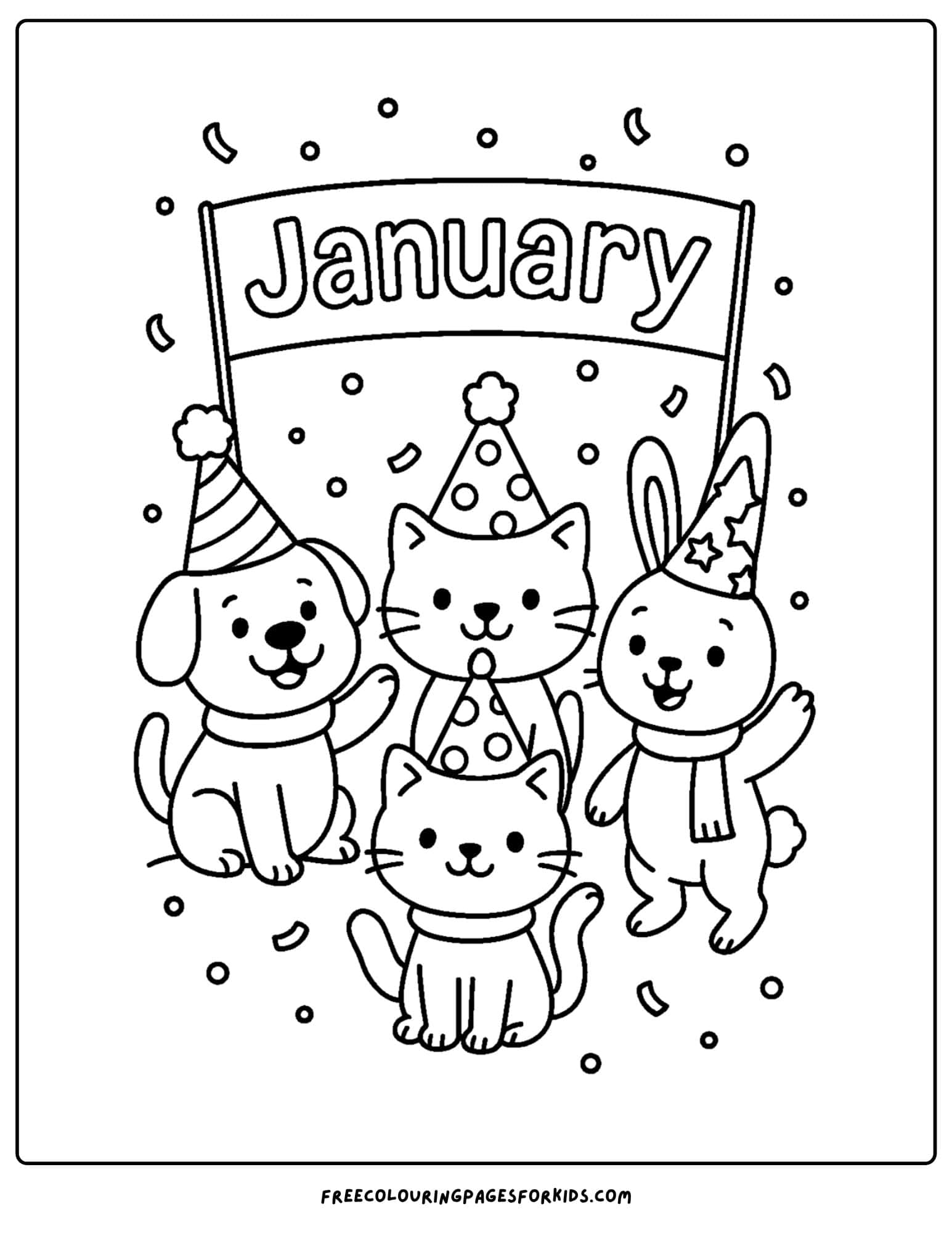 a january themed coloring page featuring animals wearing party hats
