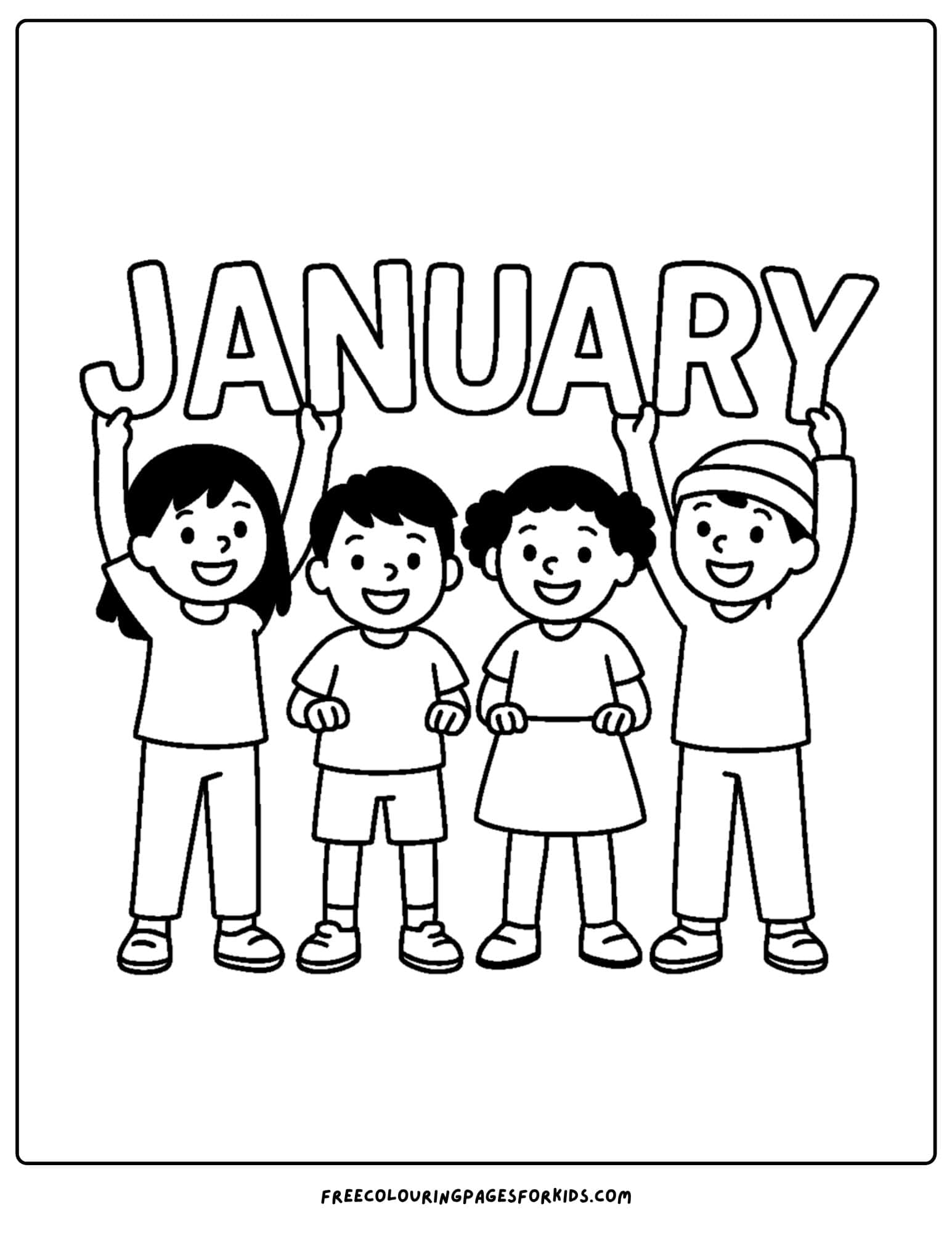 a january themed coloring page featuring kids holding up the words january