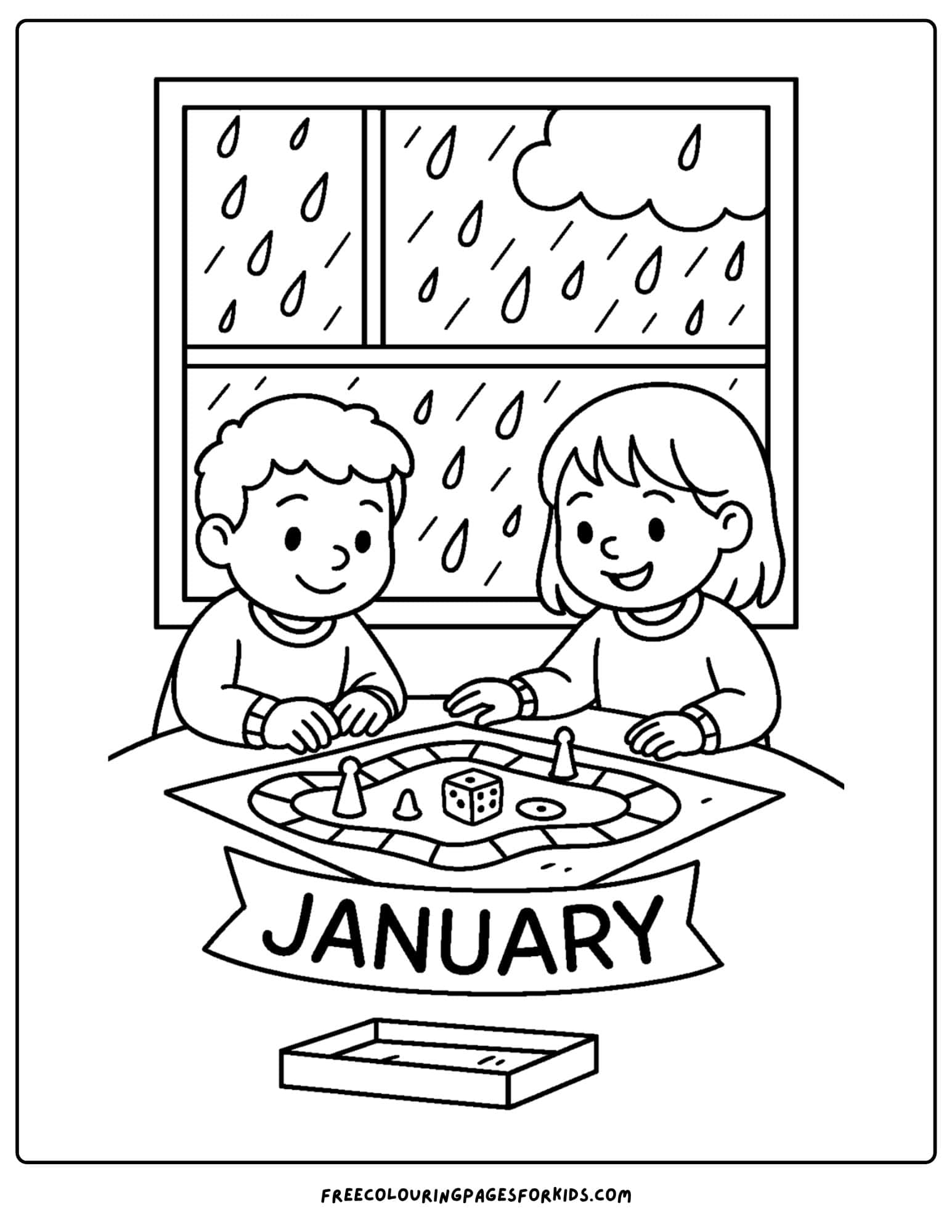 a january themed coloring page featuring kids playing a board game on a wet winter day