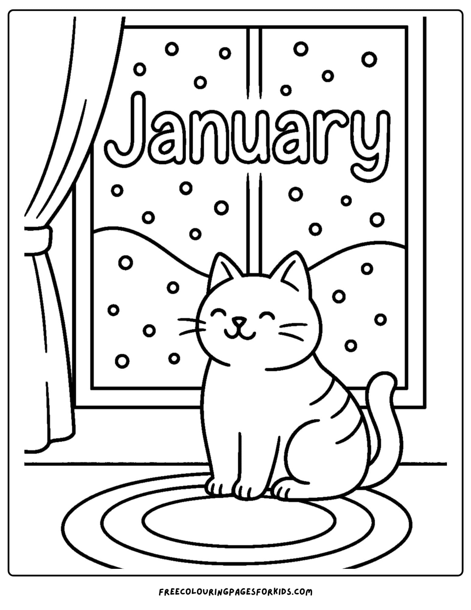 a january themed coloring page featuring a cat sitting in a window watching snow fall