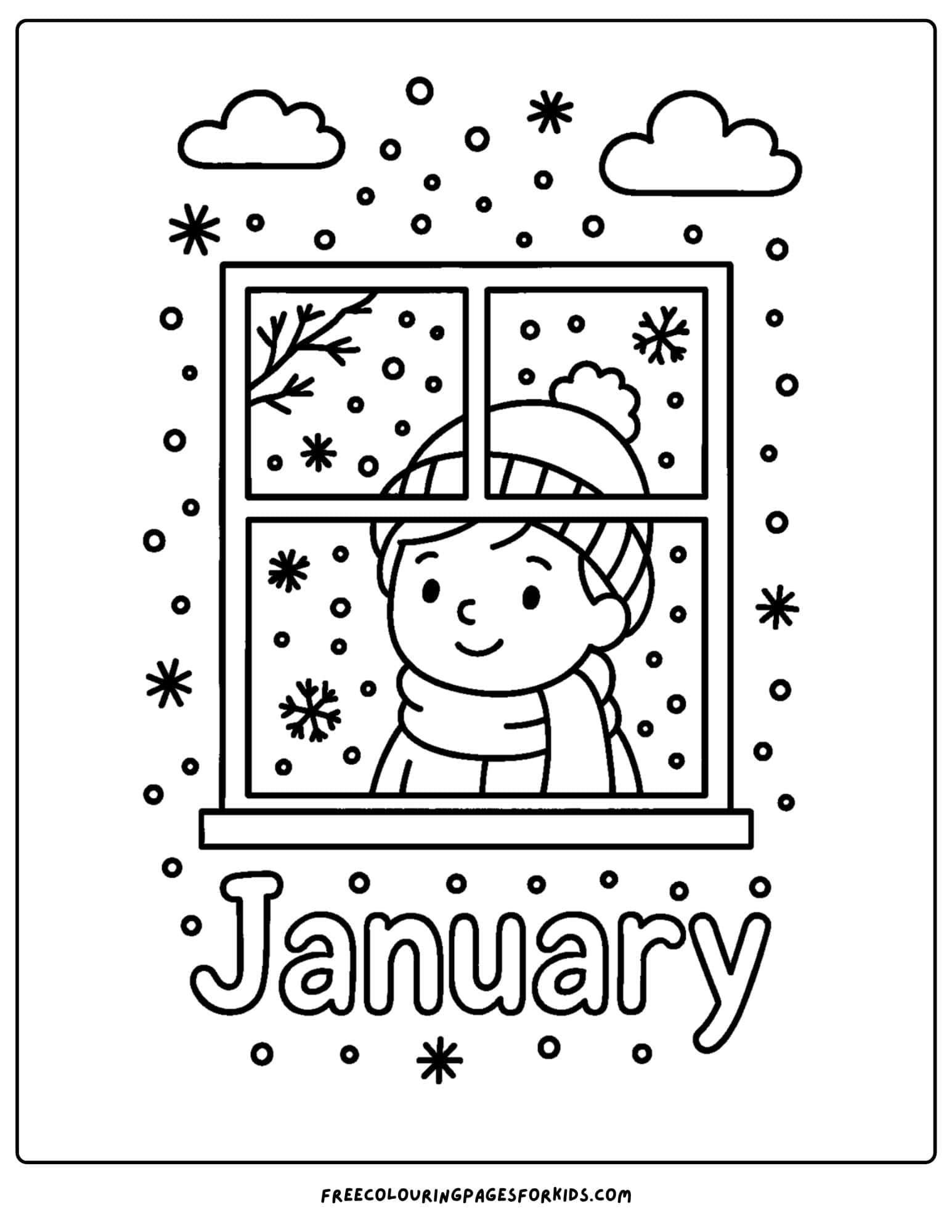 a january themed coloring page featuring a child looking out a window at the snow and cold