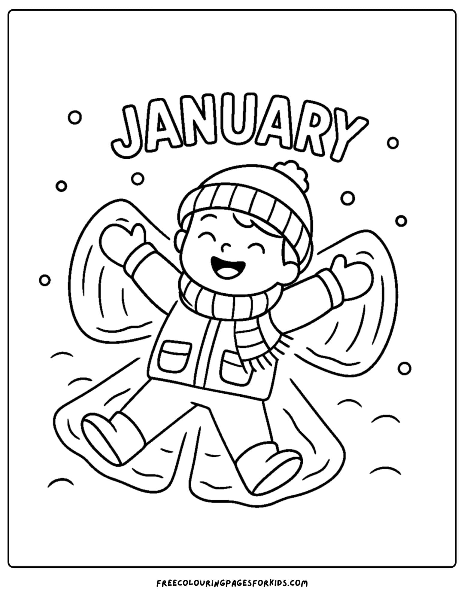 a january themed coloring page featuring a child making a snow angel