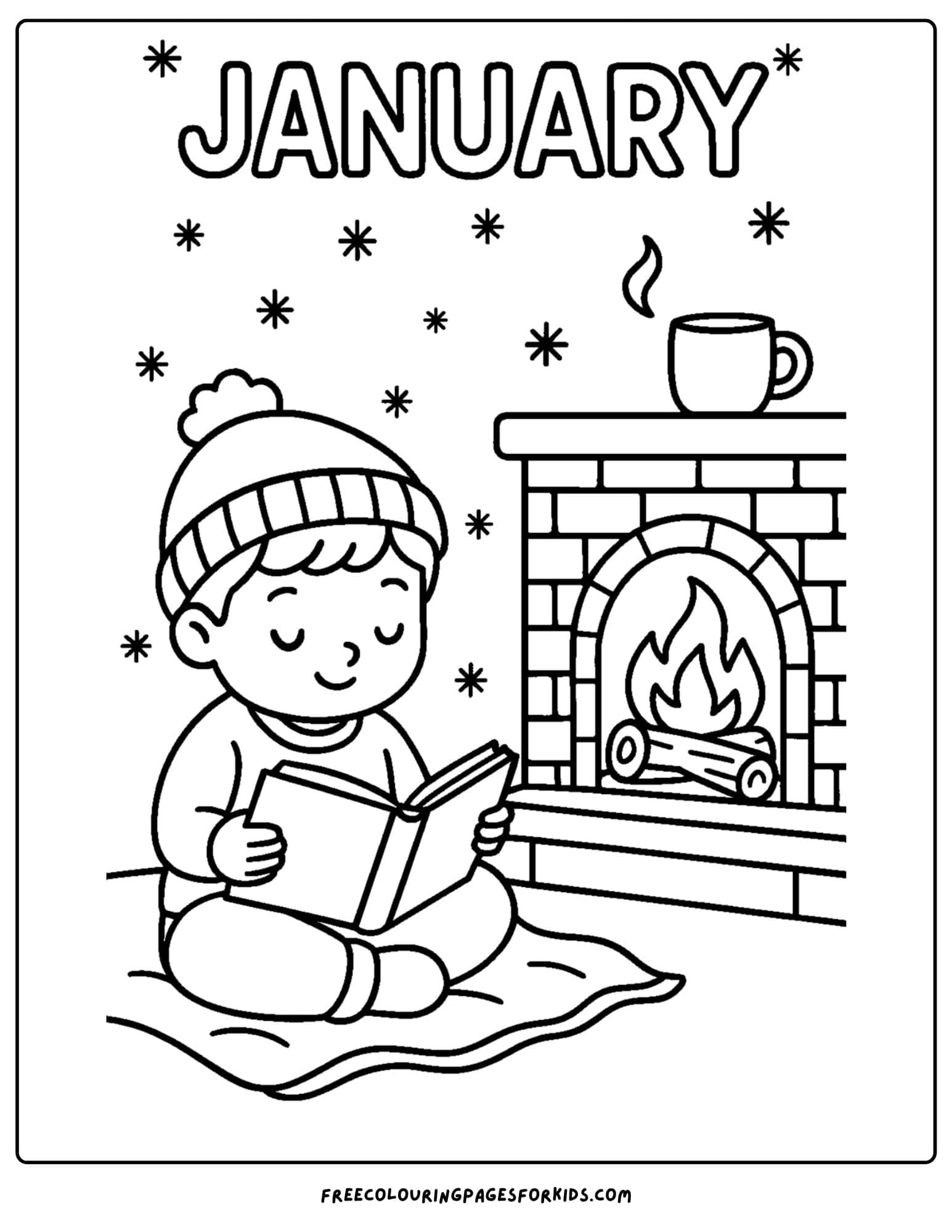 a january themed coloring page featuring a child sitting and reading next to an indoor fire