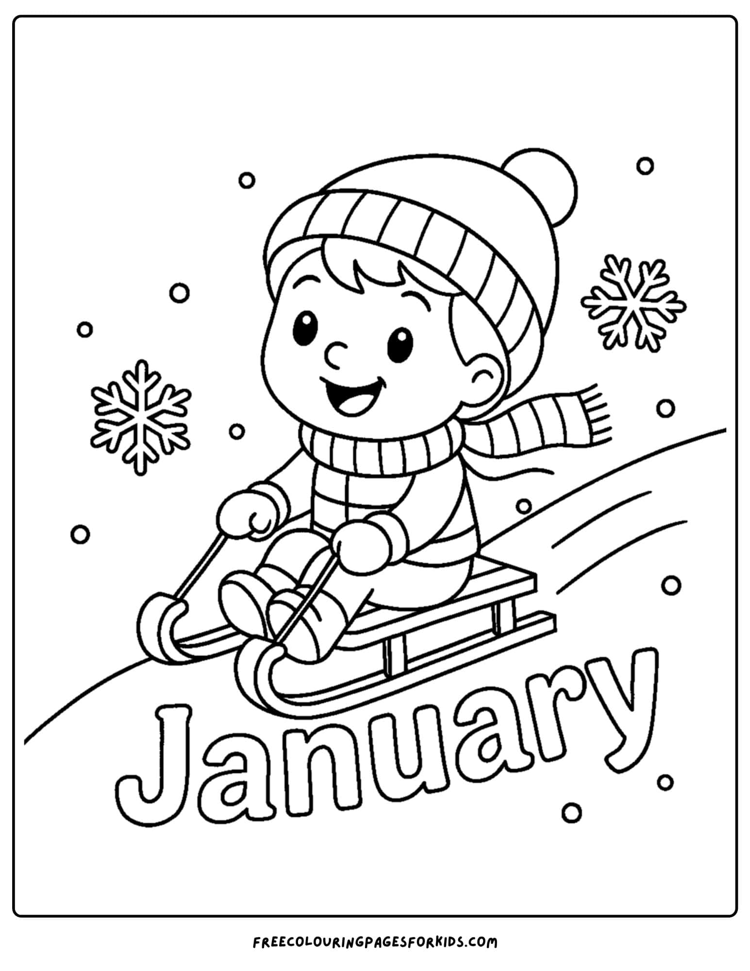 a january themed coloring page featuring a child sledding down a hill