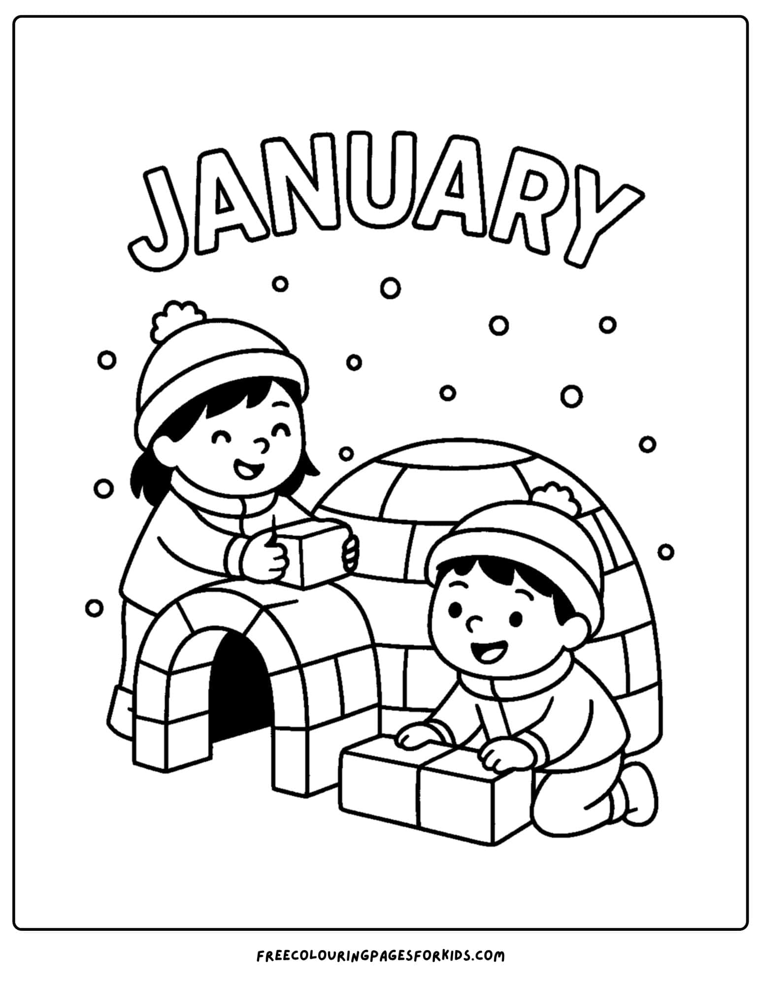 a january themed coloring page featuring two children building an igloo snow fort