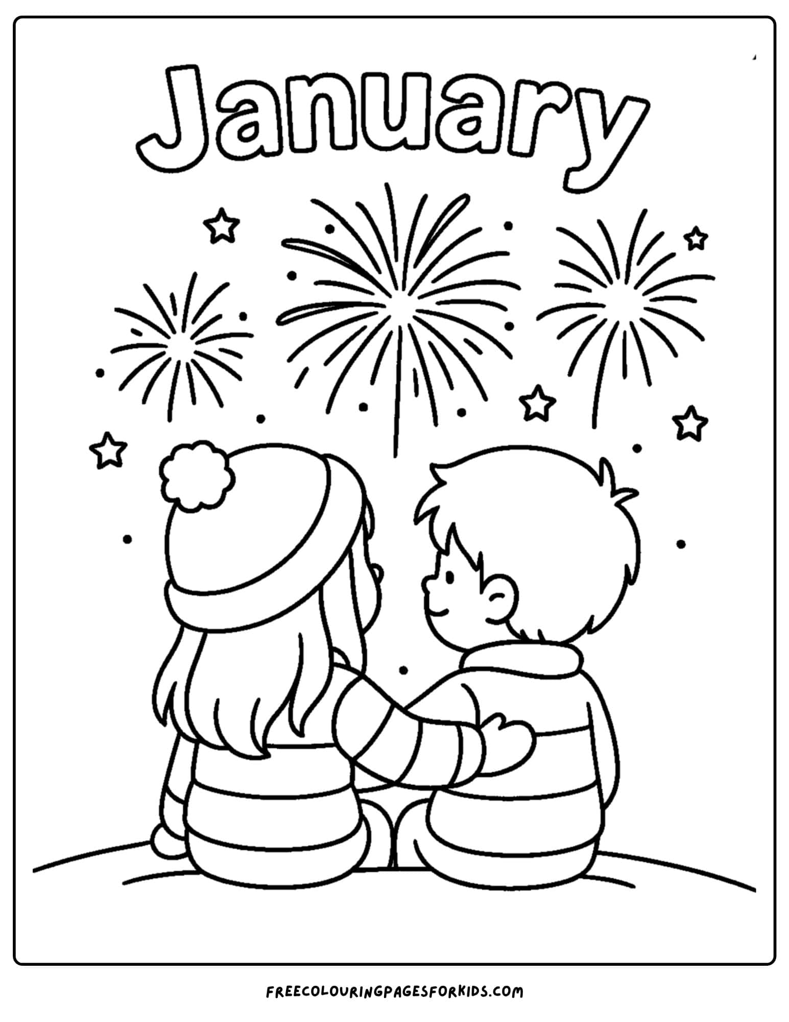 a january themed coloring page featuring children sitting watching the fireworks