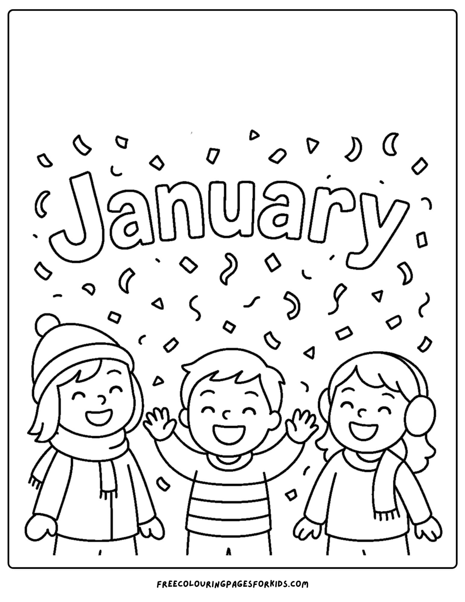 a january themed coloring page featuring confetti falling around some kids as they cheer