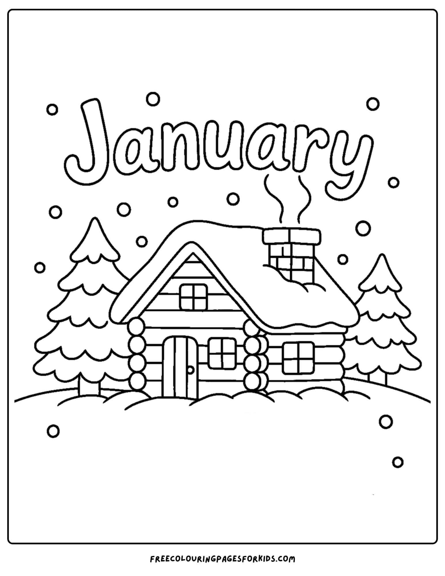 a january themed coloring page featuring a cozy cabin covered in snow in the woods