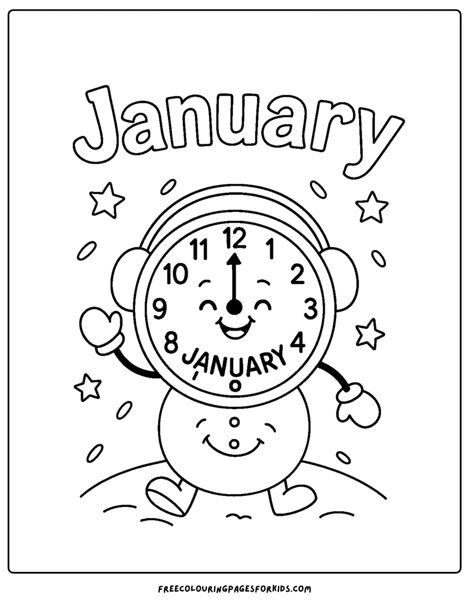 a january themed coloring page featuring a cute clock showing midnight