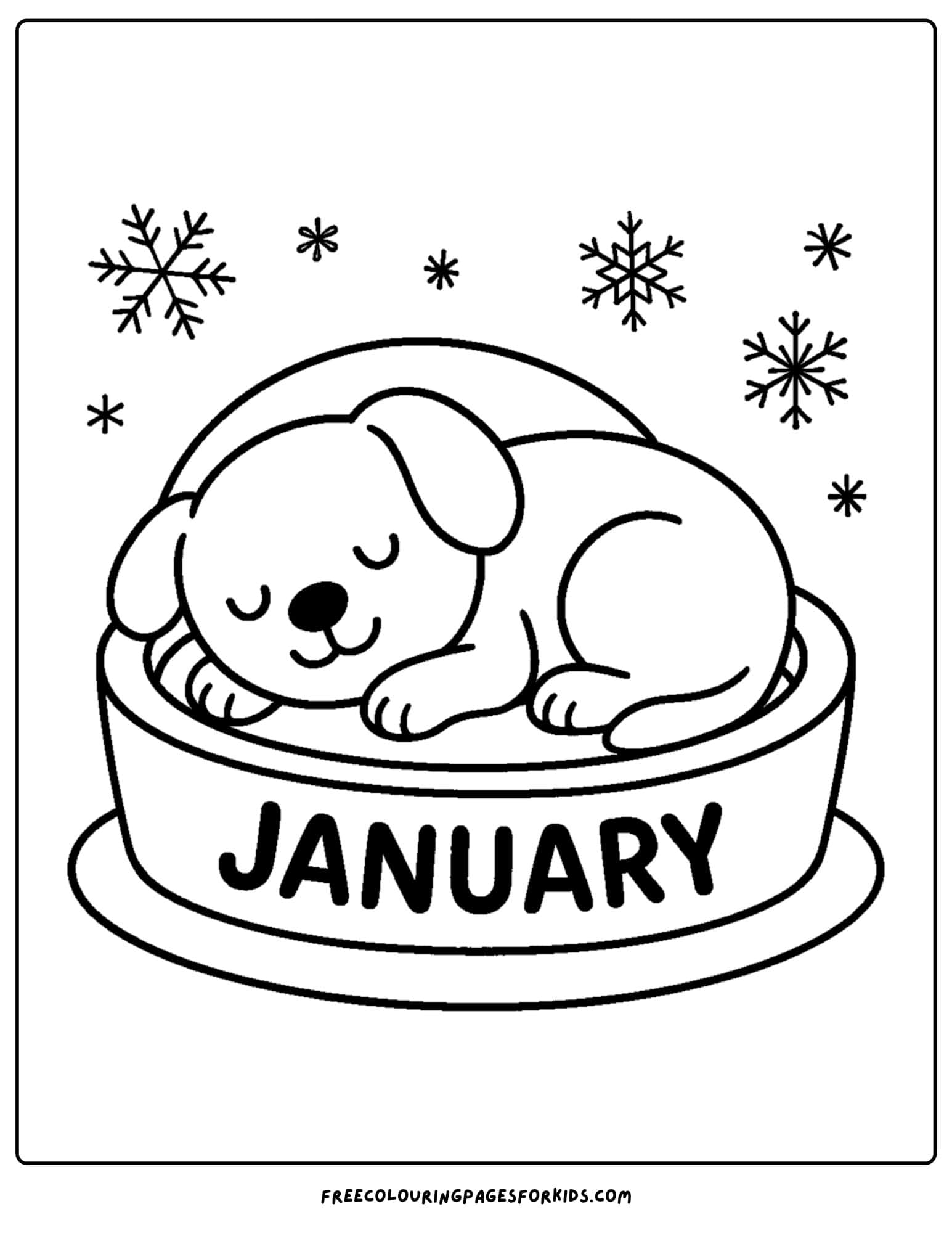 a january themed coloring page featuring a dog curled up in a dog bed