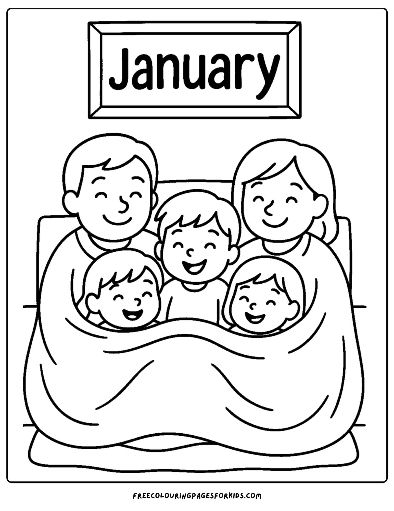 a january themed coloring page featuring a family cuddled up under a big blanket on the couch