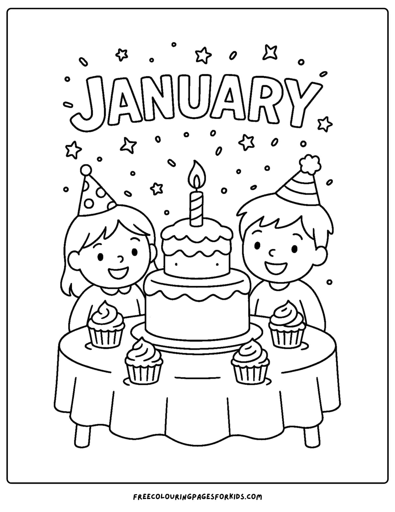 a january themed coloring page featuring a festive table with cakes and kids standing around