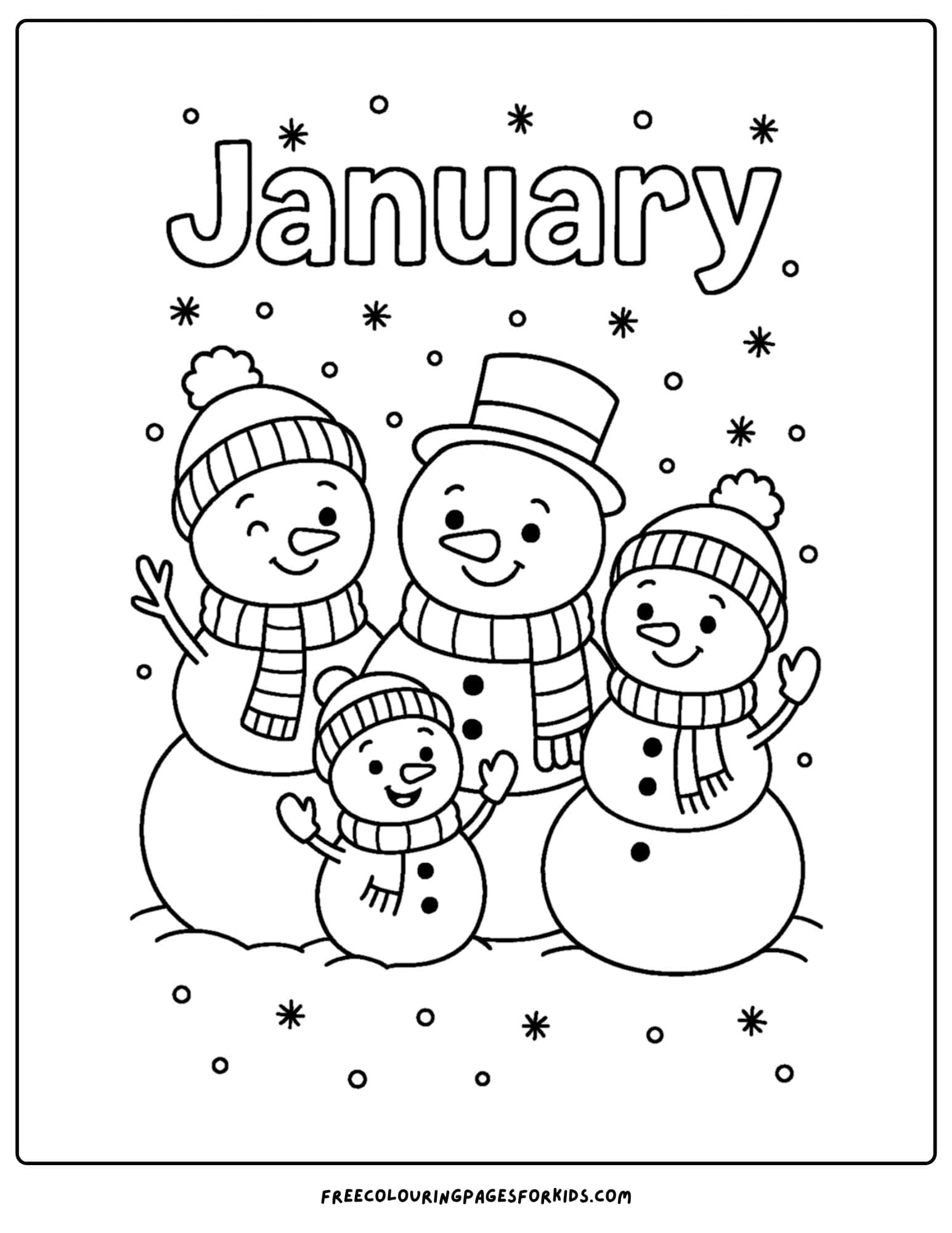a january themed coloring page featuring some friendly snowmen