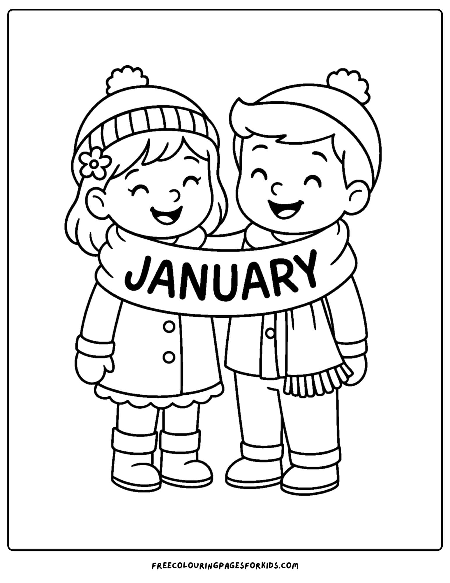 a january themed coloring page featuring two kids sharing one big scarf