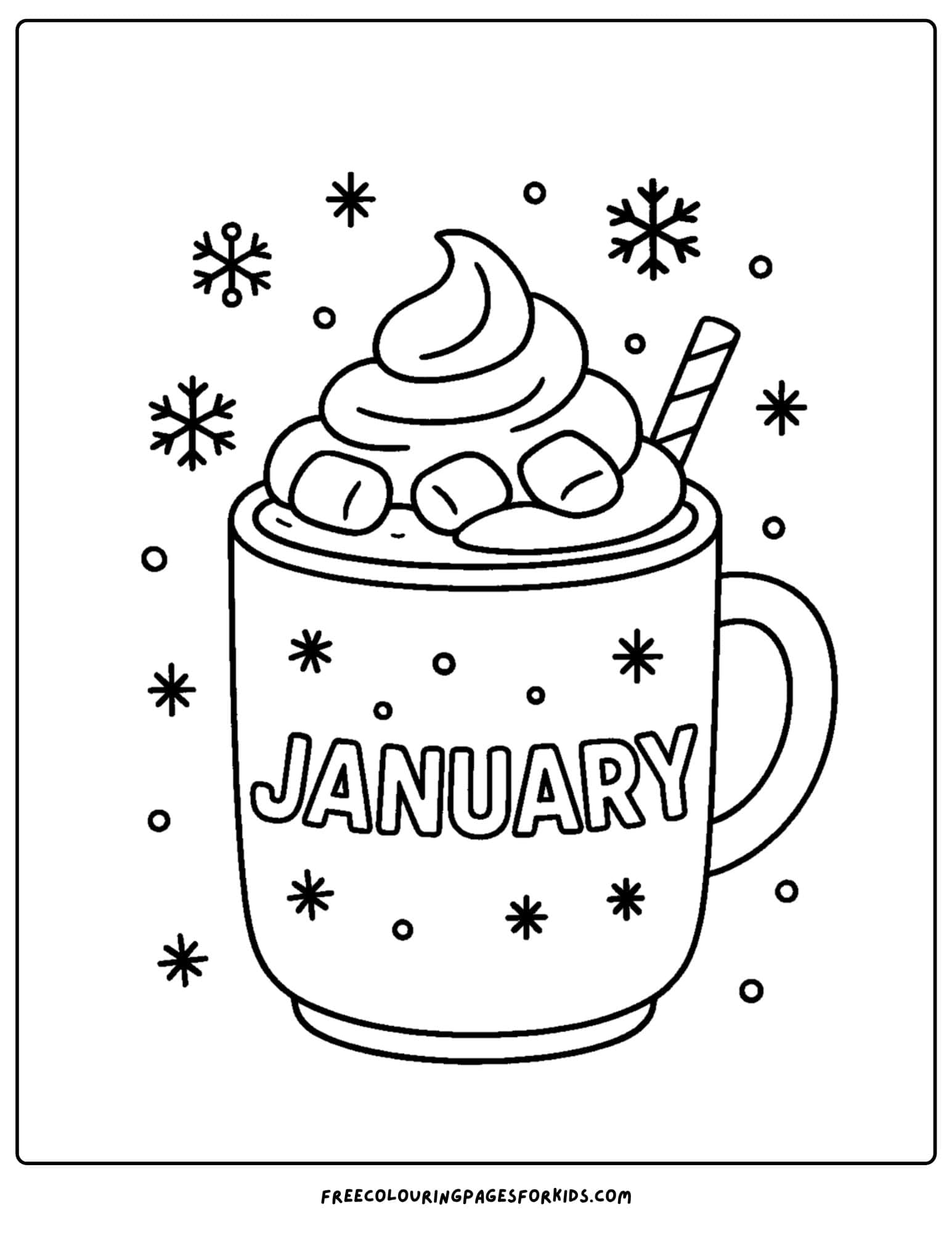 a january themed coloring page featuring a cup of hot cocoa and cream