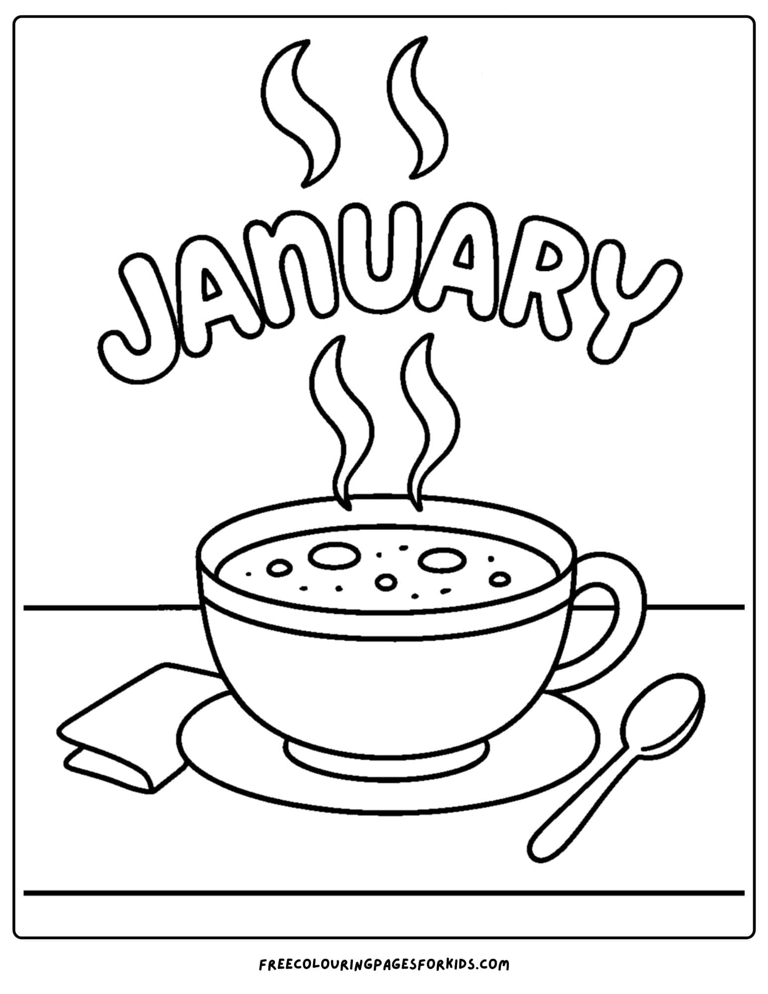 a january themed coloring page featuring a hot bowl of soup steaming