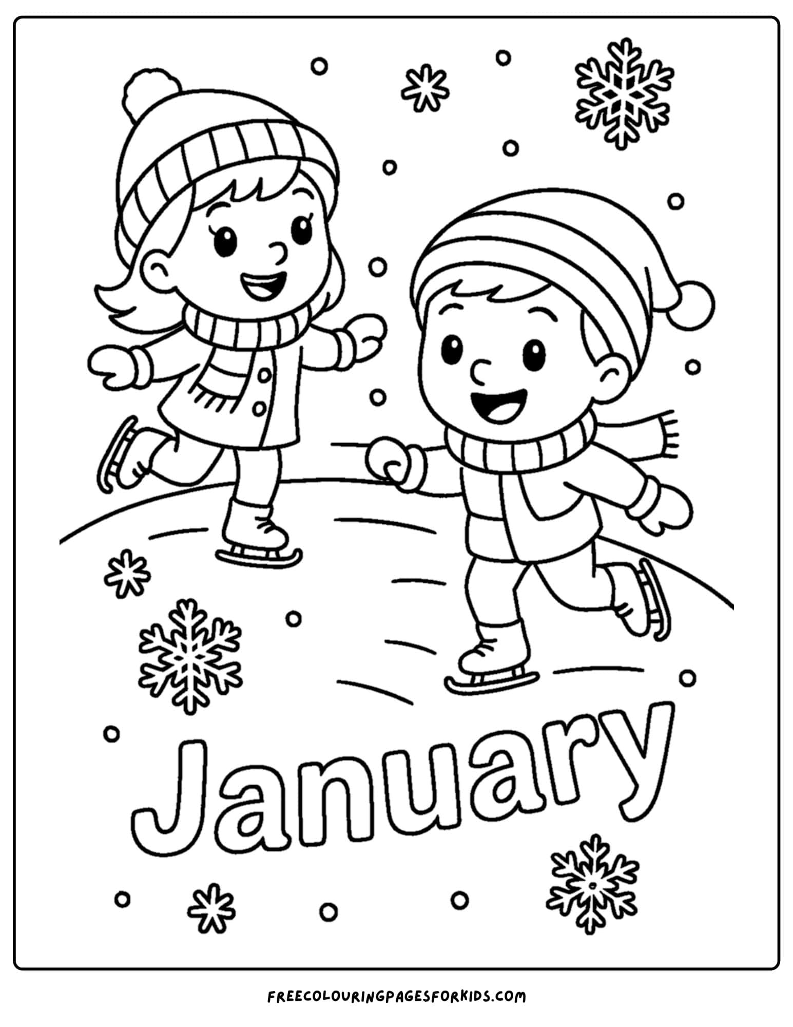 a january themed coloring page featuring two kids ice skating on a pond
