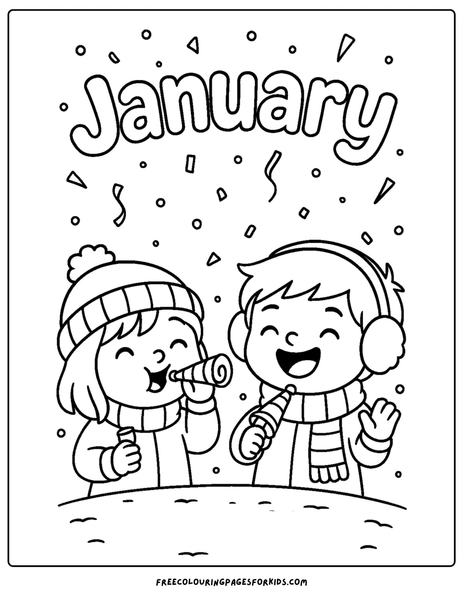 a january themed coloring page featuring kids cheering and celebrating the new year