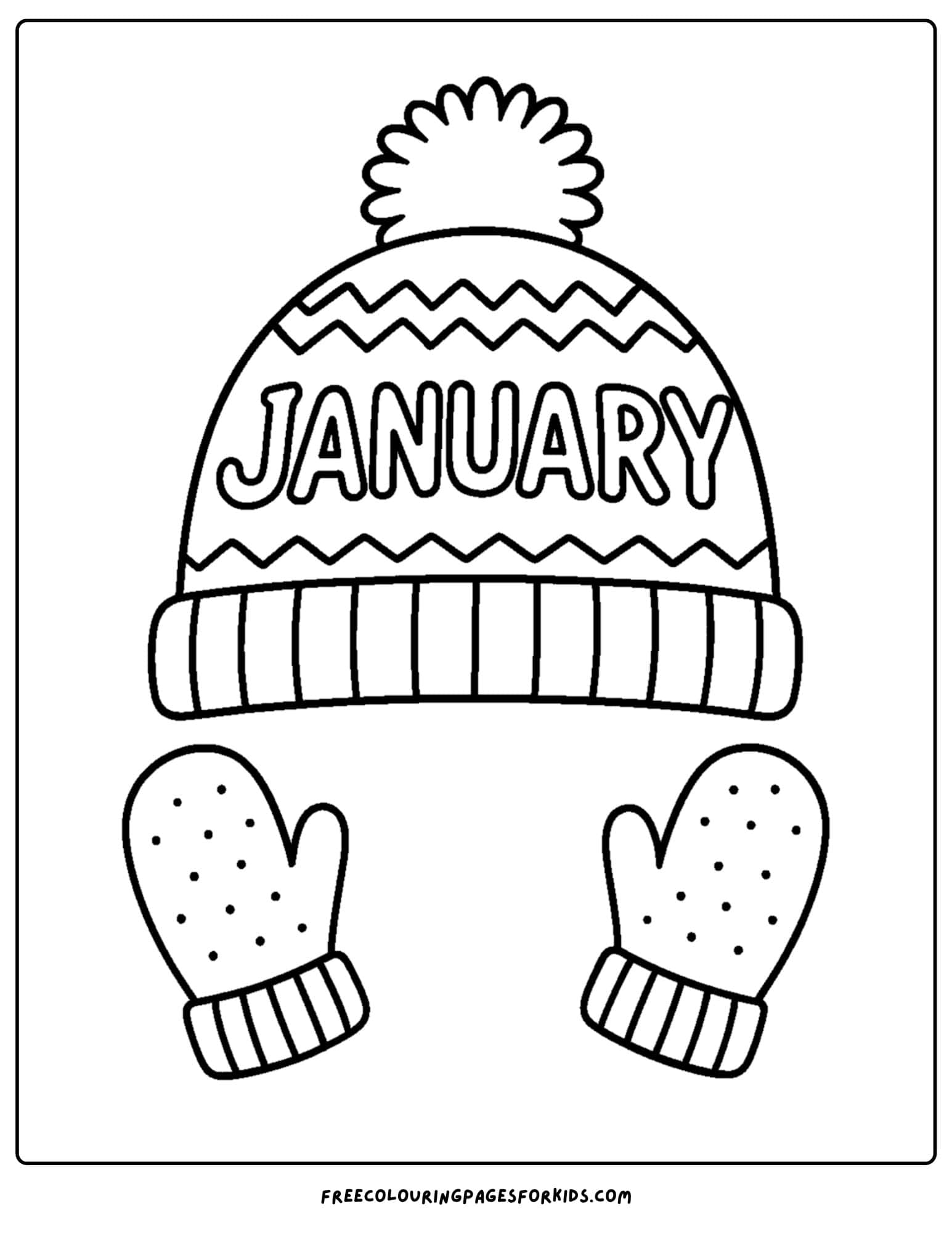 a january themed coloring page featuring a winter hat and mittens