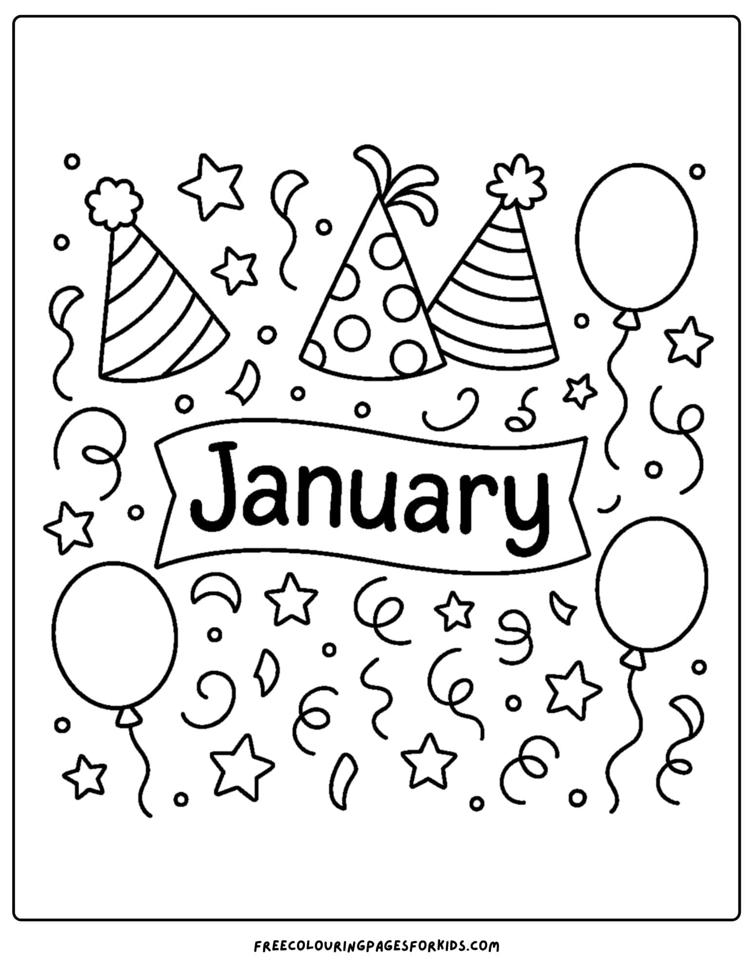 a january themed coloring page featuring party hats and balloons