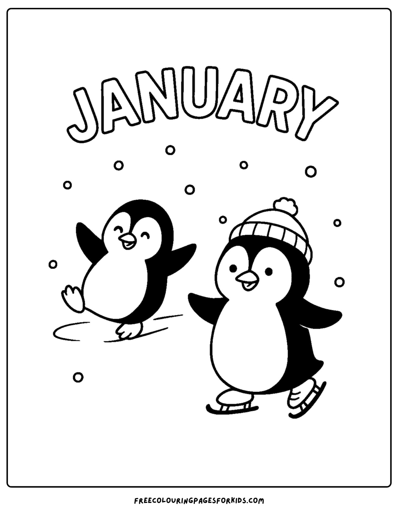 a january themed coloring page featuring penguins sliding on the ice