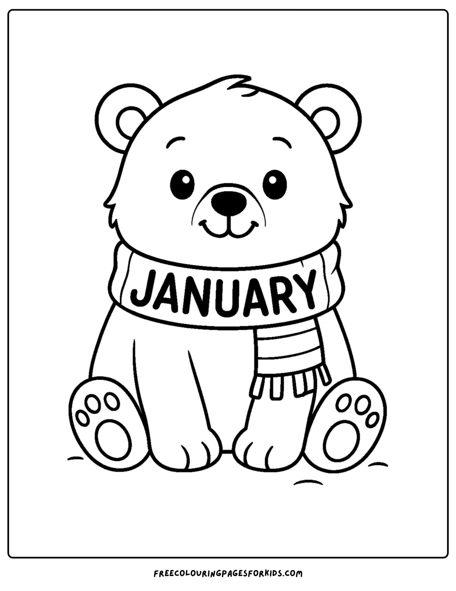 a january themed coloring page featuring a polar bear wearing a scarf