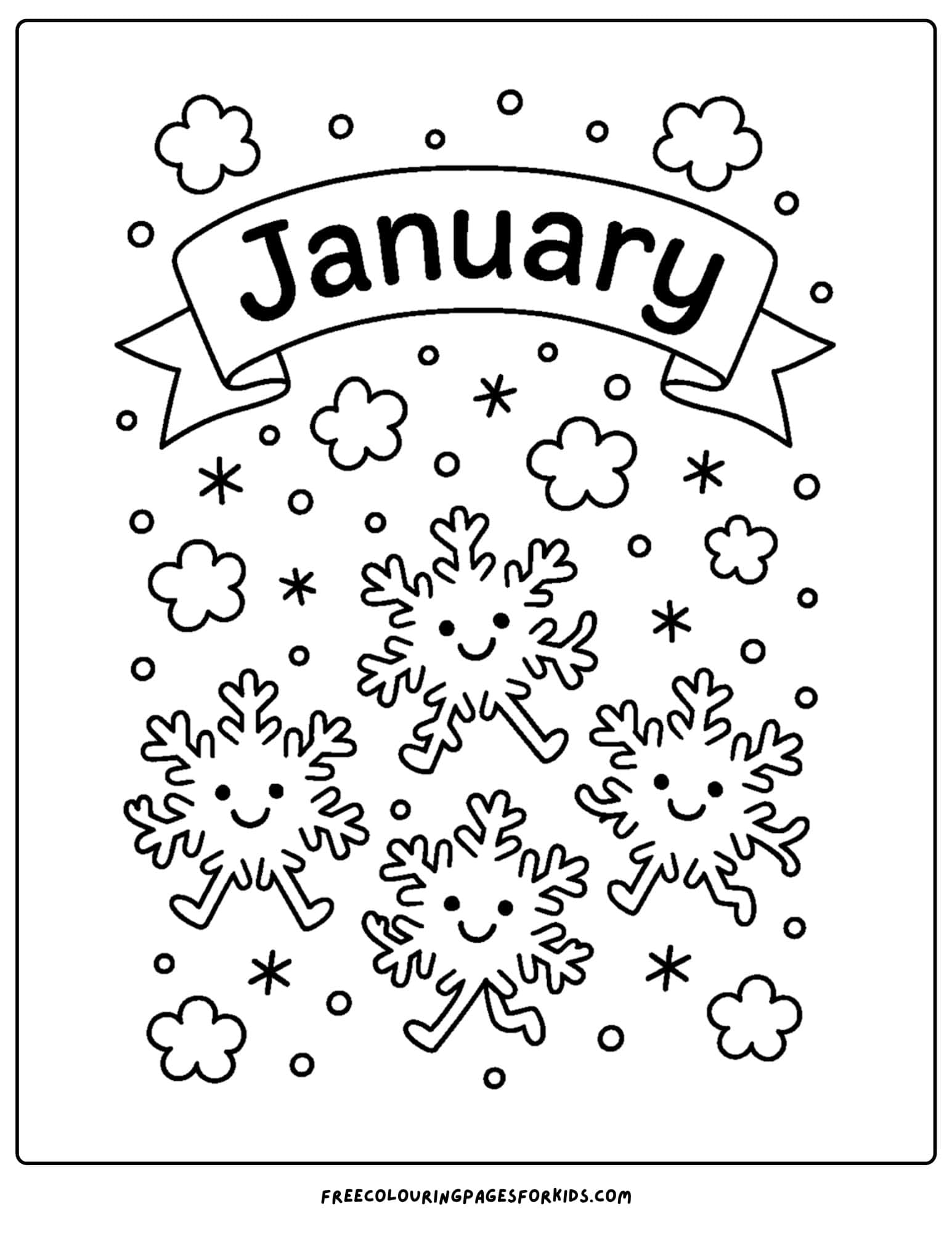 a january themed coloring page featuring smiling snowflakes