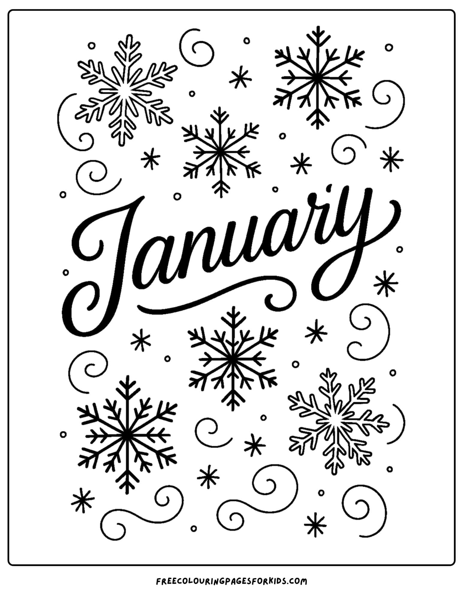 a january themed coloring page featuring snowflakes swirling around