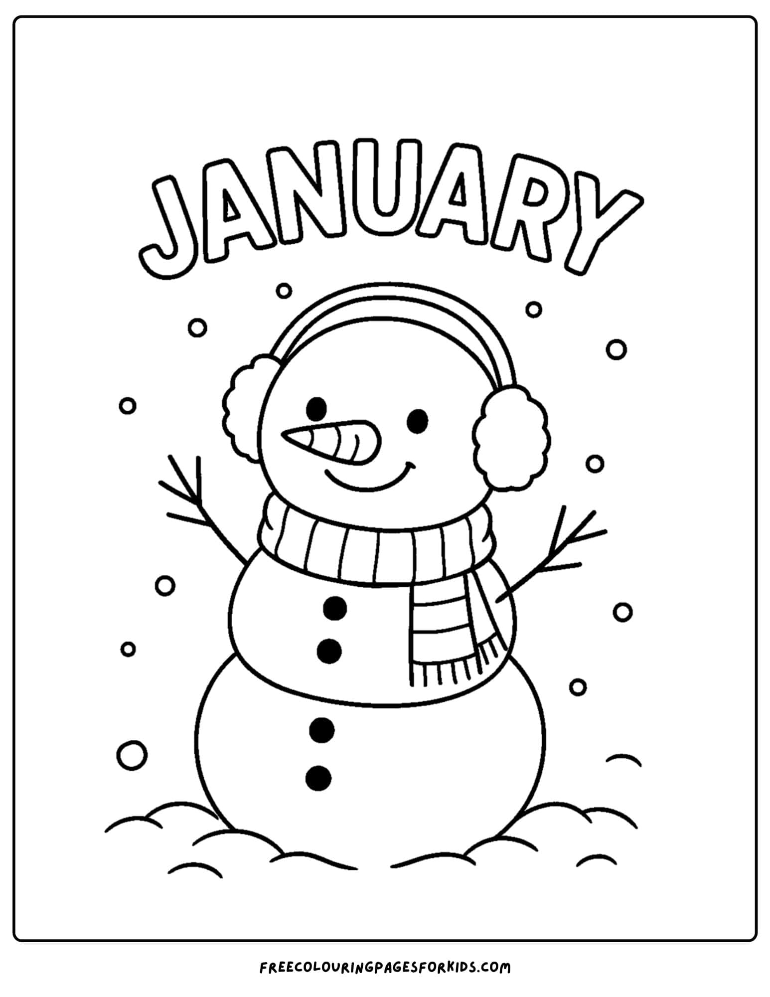 a january themed coloring page featuring a snowman wearing earmuffs