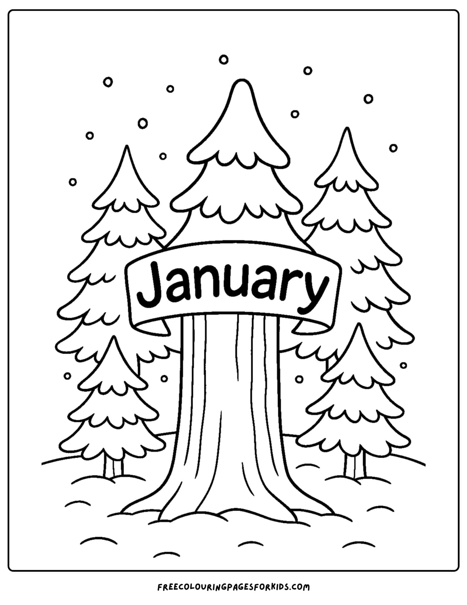 a january themed coloring page featuring a snowy forest tree scene