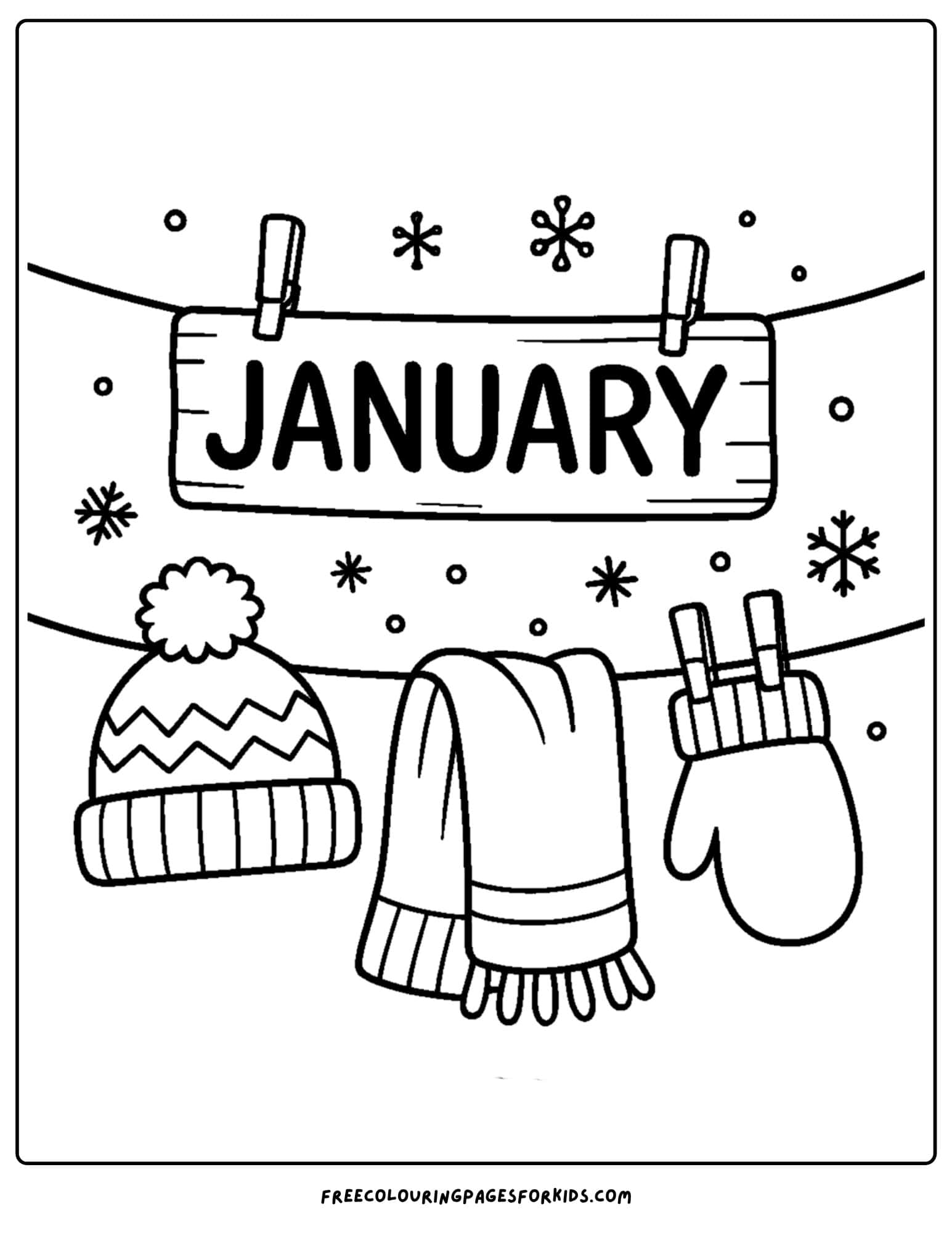 a january themed coloring page featuring a winter hat, gloves and scarf hanging on a clothes line