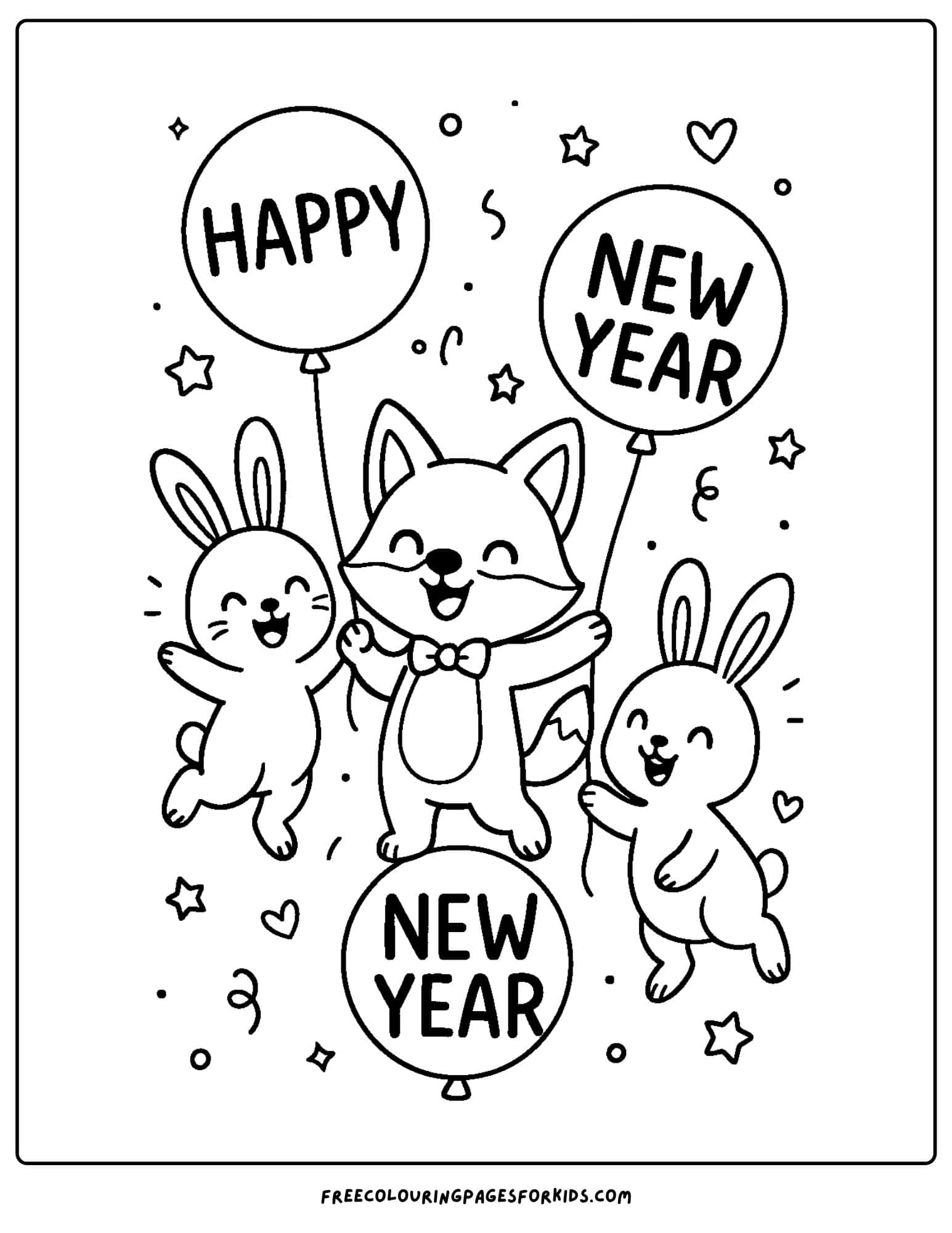 a new year coloring page featuring animals with happy new year balloons