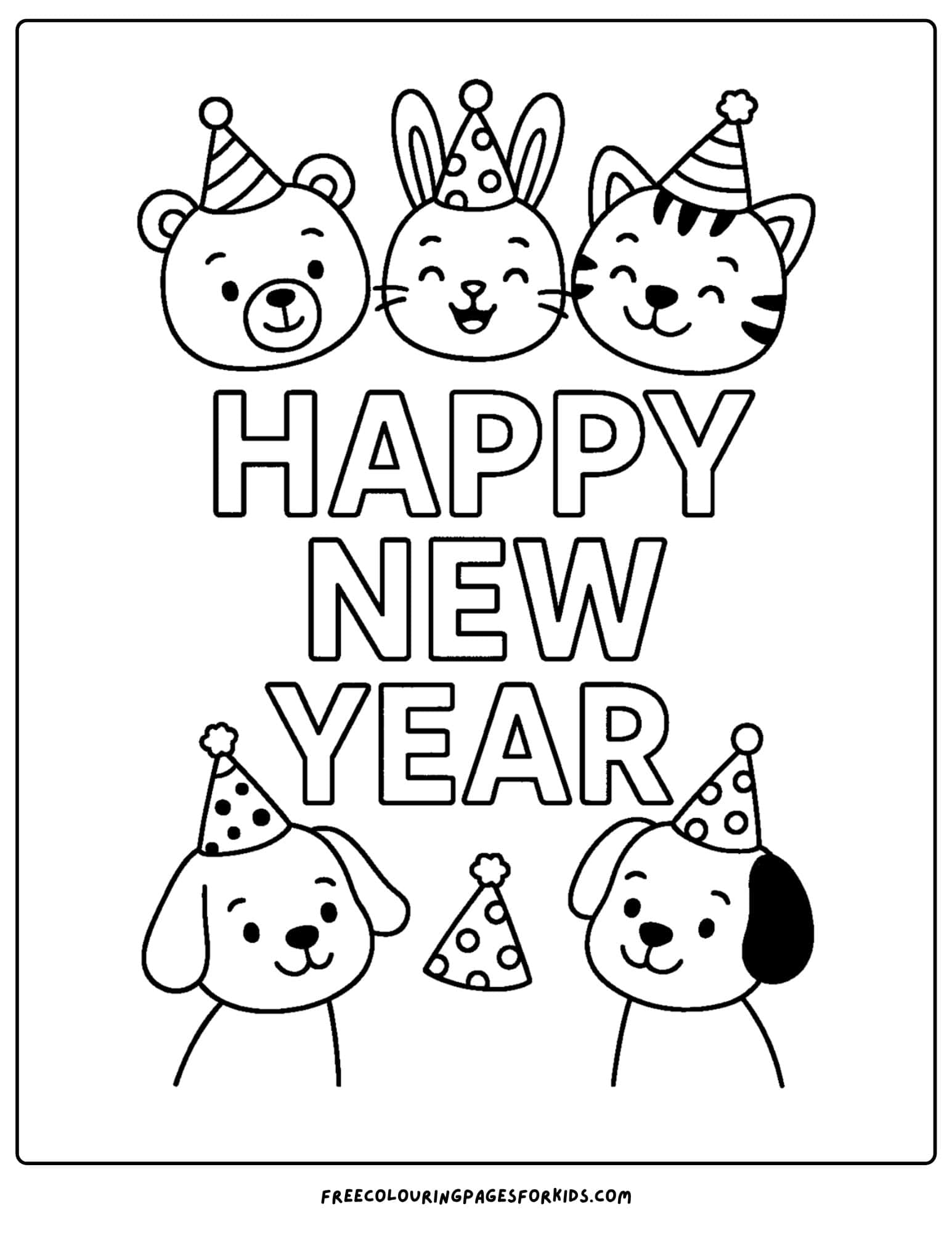 a new year coloring page featuring happy new year animals