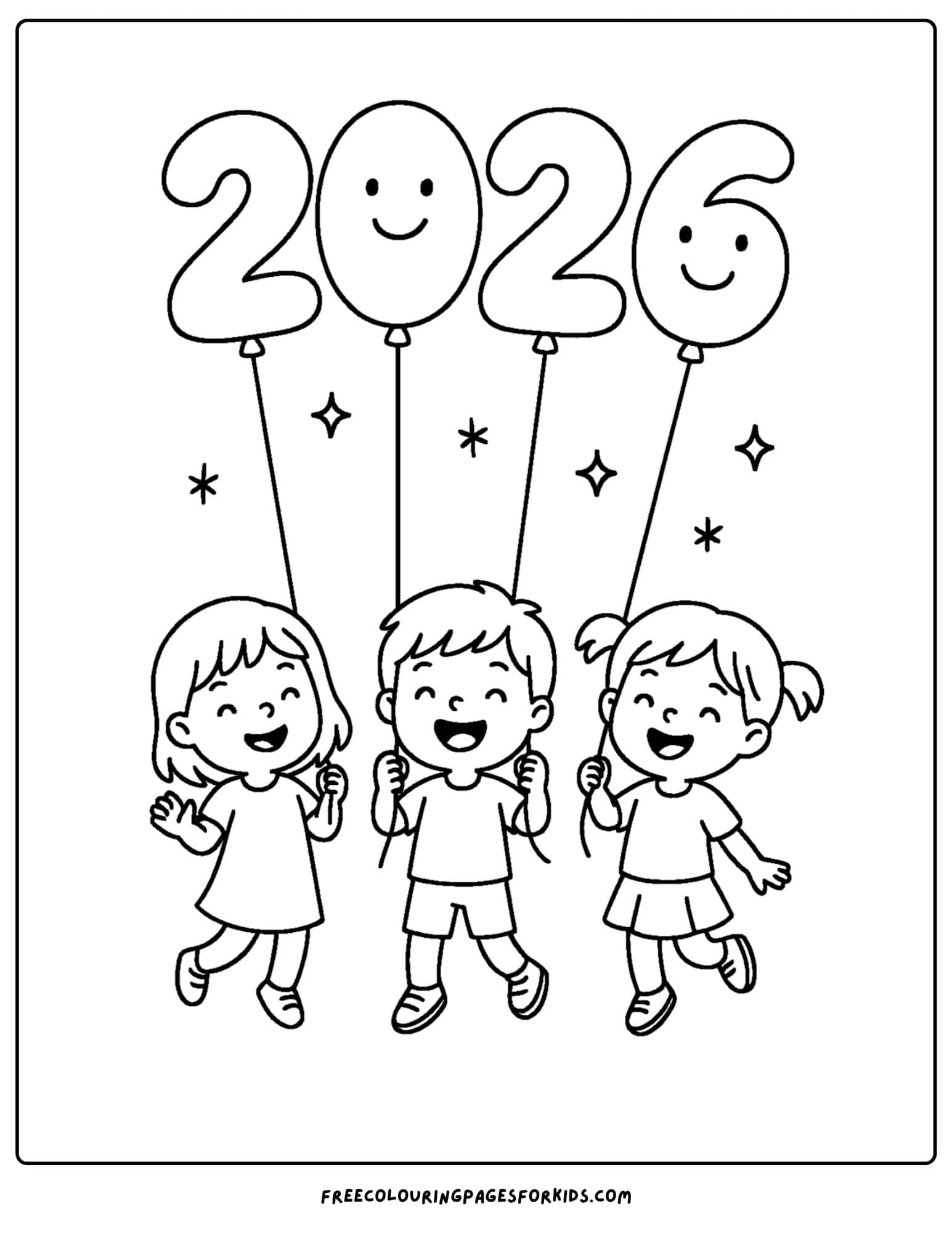 a new year coloring page featuring children with balloons that say 2026