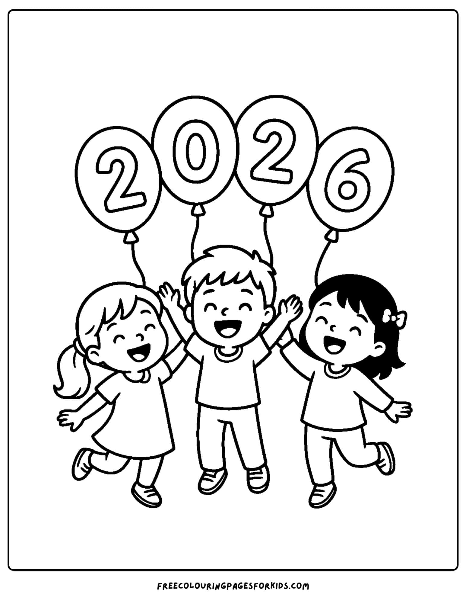 a new year coloring page featuring children holding 2026 ballons