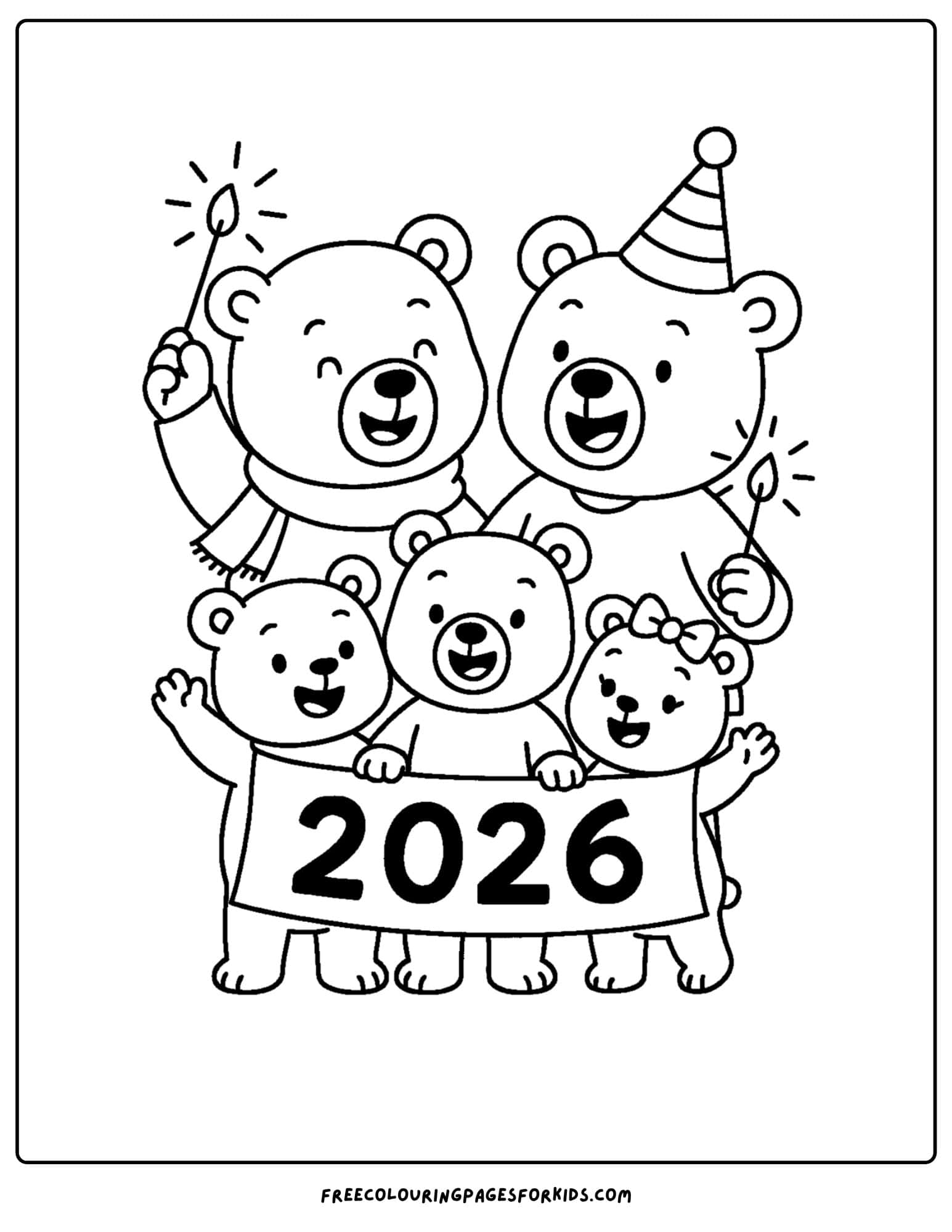 a new year coloring page featuring a bear family celebrating the new year