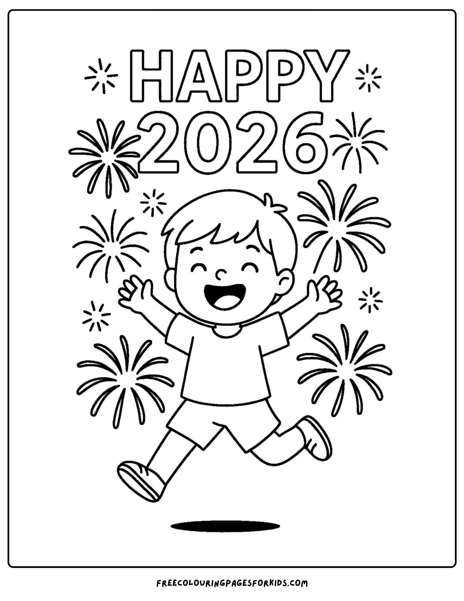 a new year coloring page featuring a child jumping with fireworks