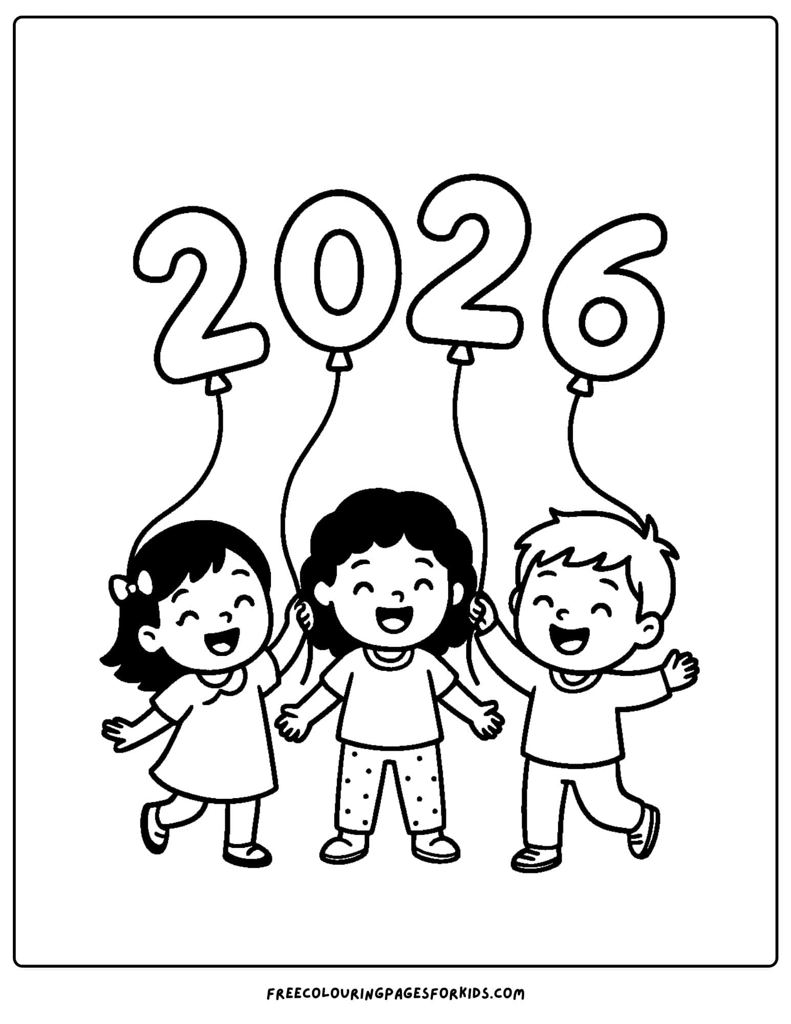 a new year coloring page featuring kids holding 2026 balloons