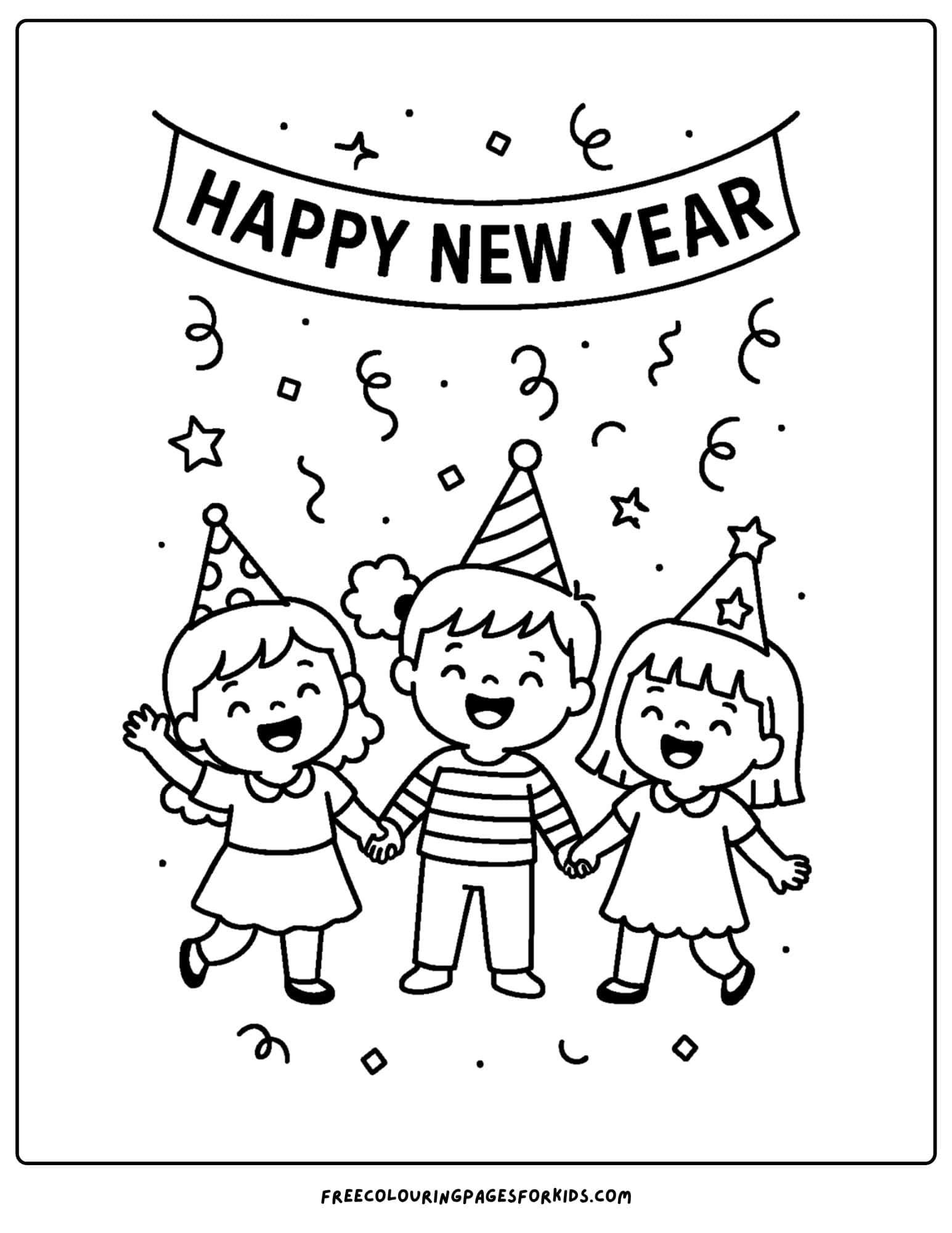 a new year coloring page featuring kids celebrating under a new year banner
