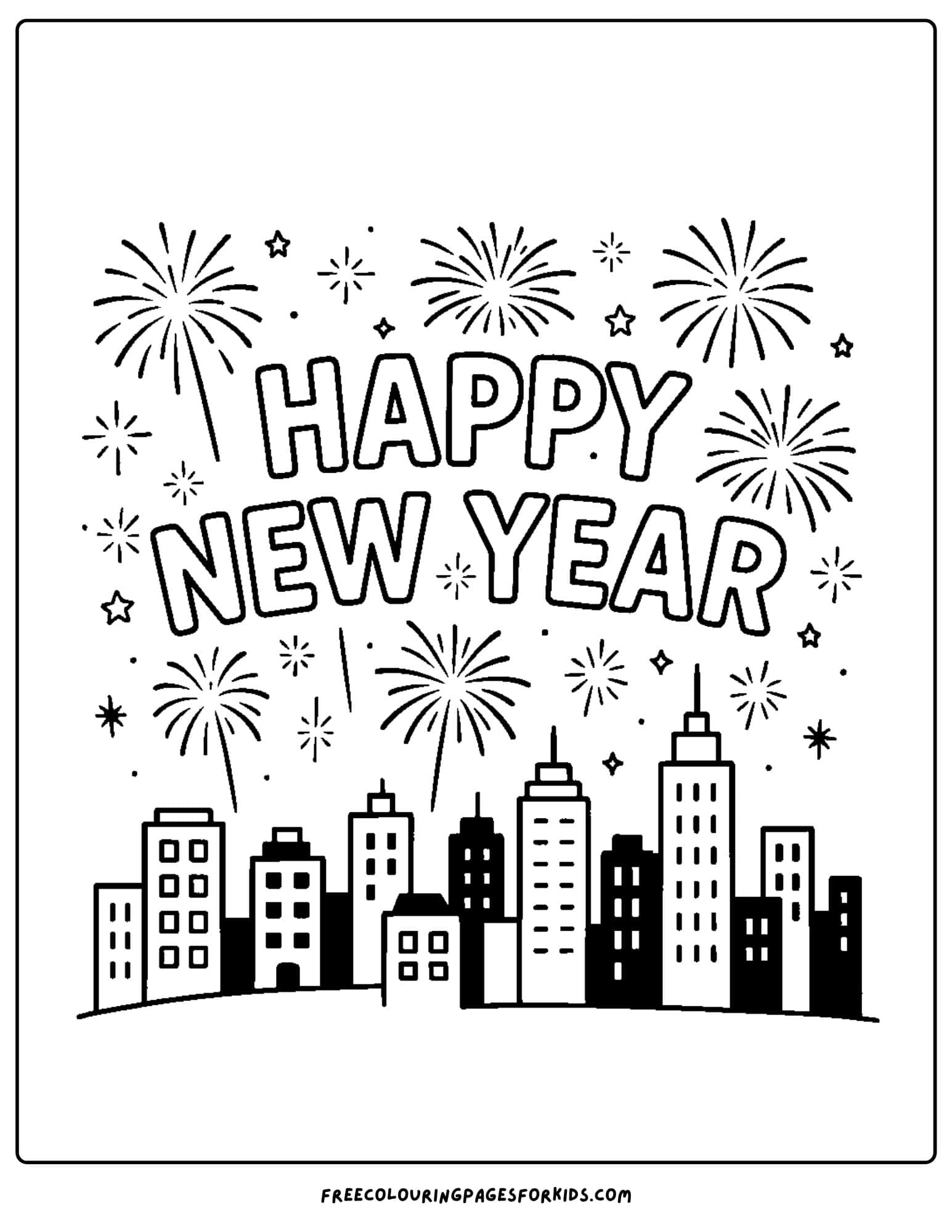 a new year coloring page featuring fireworks over a city