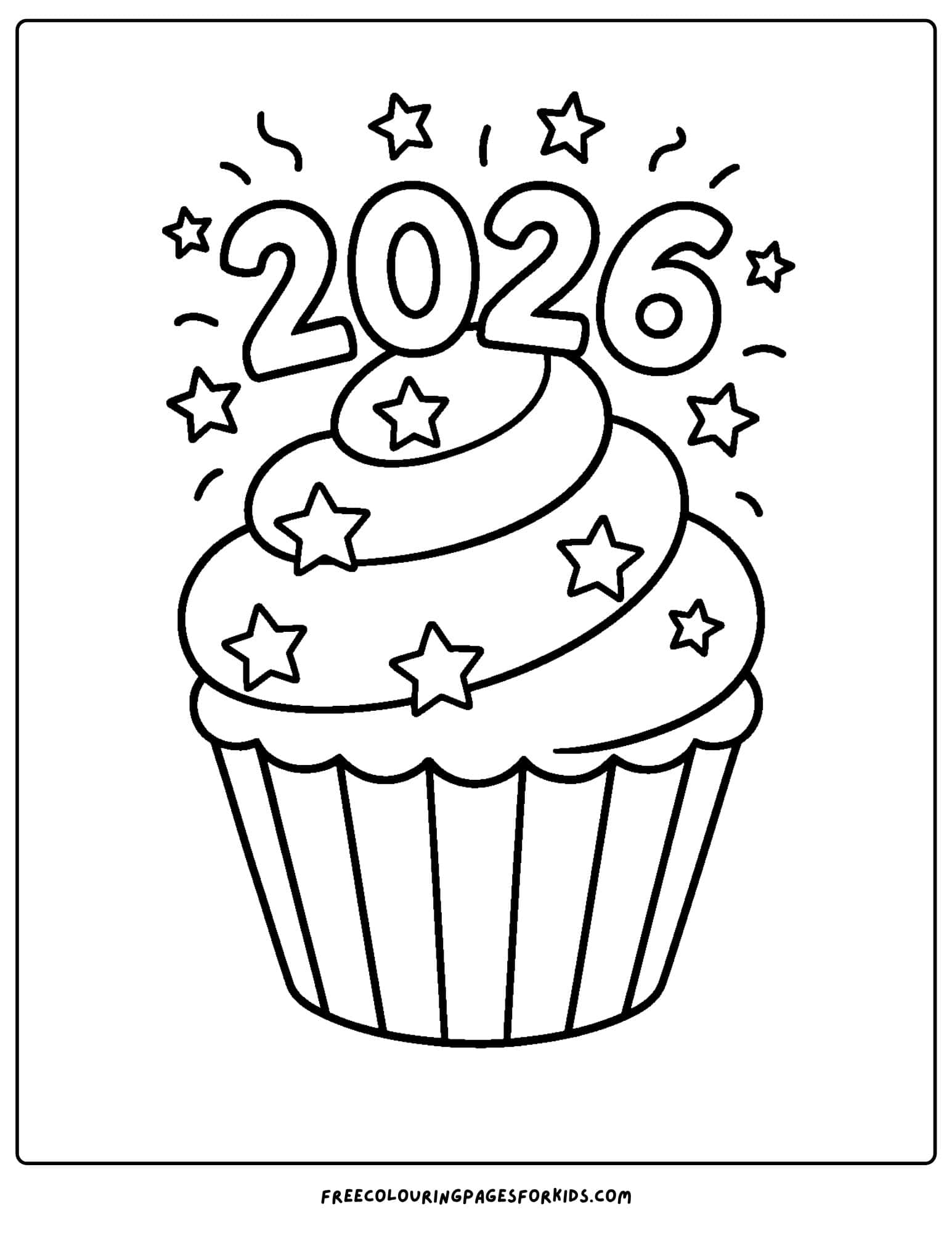a new year coloring page featuring a 2026 cupcake