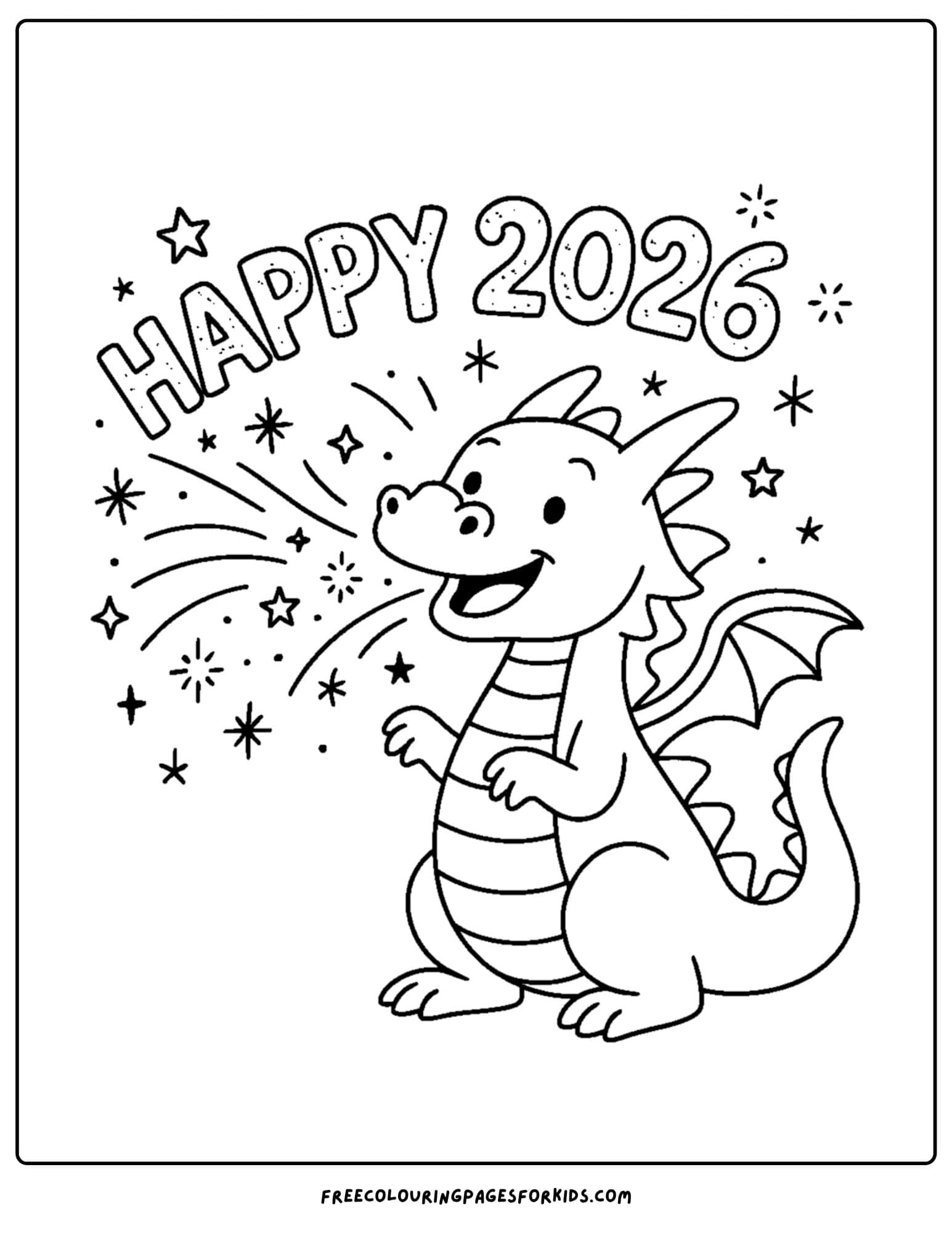 a new year coloring page featuring a dragon with a happy 2026 sign