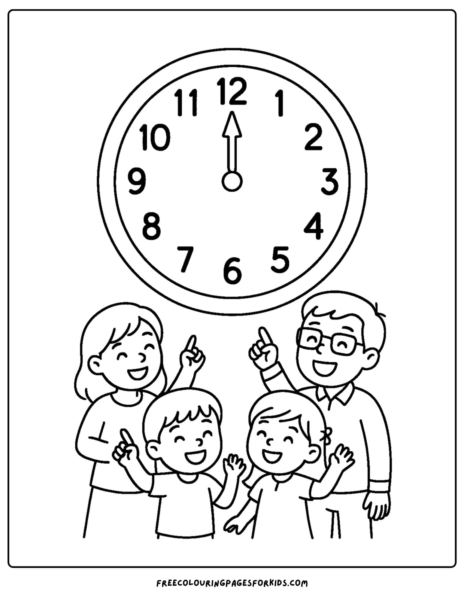 a new year coloring page featuring a family counting down to midnight together