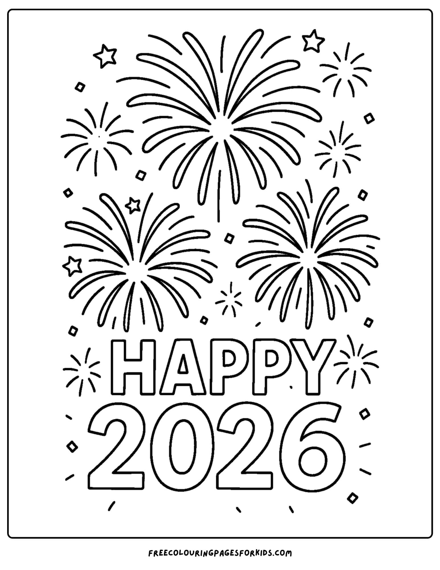 a new year coloring page featuring fireworks and a happy 2026 sign