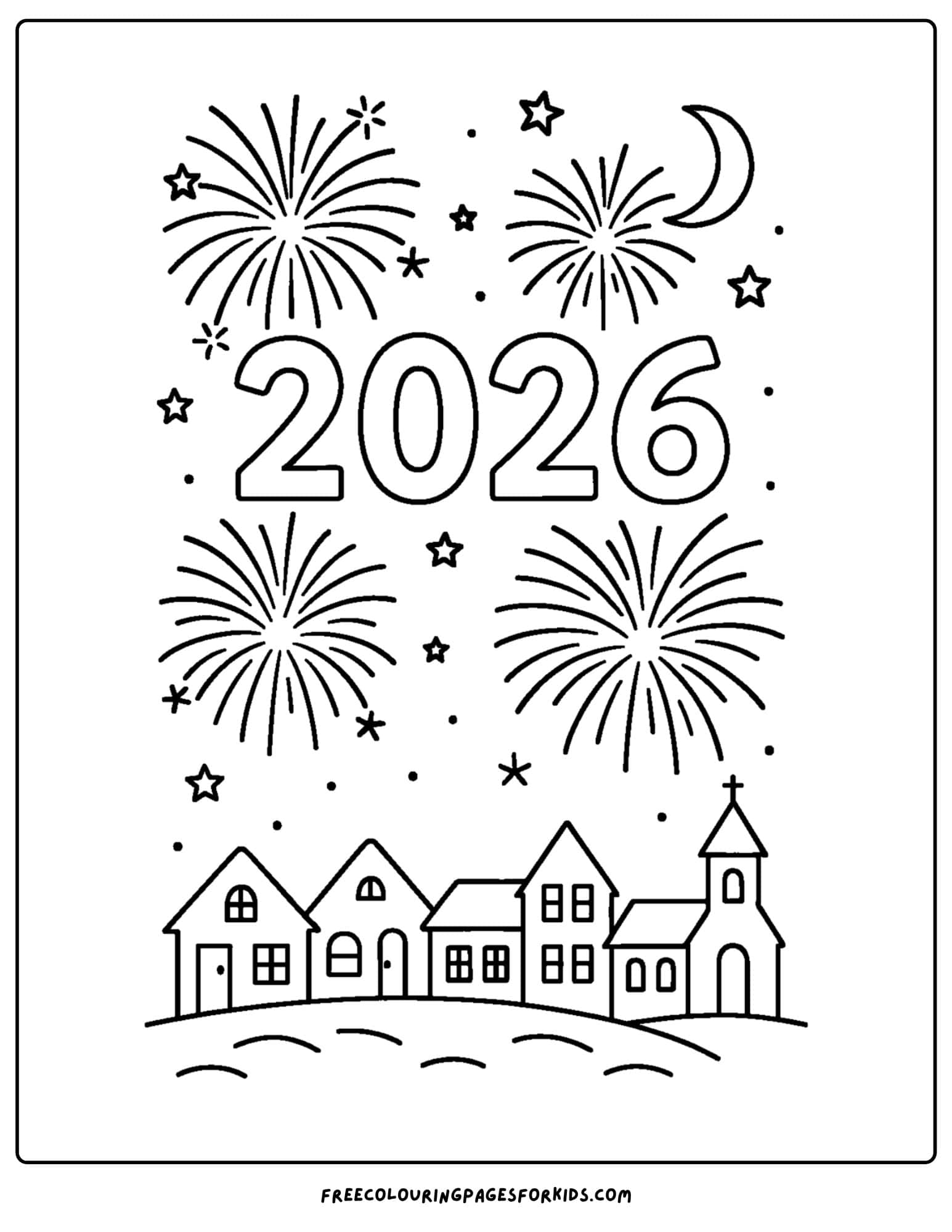 a new year coloring page featuring 2026 fireworks over a town