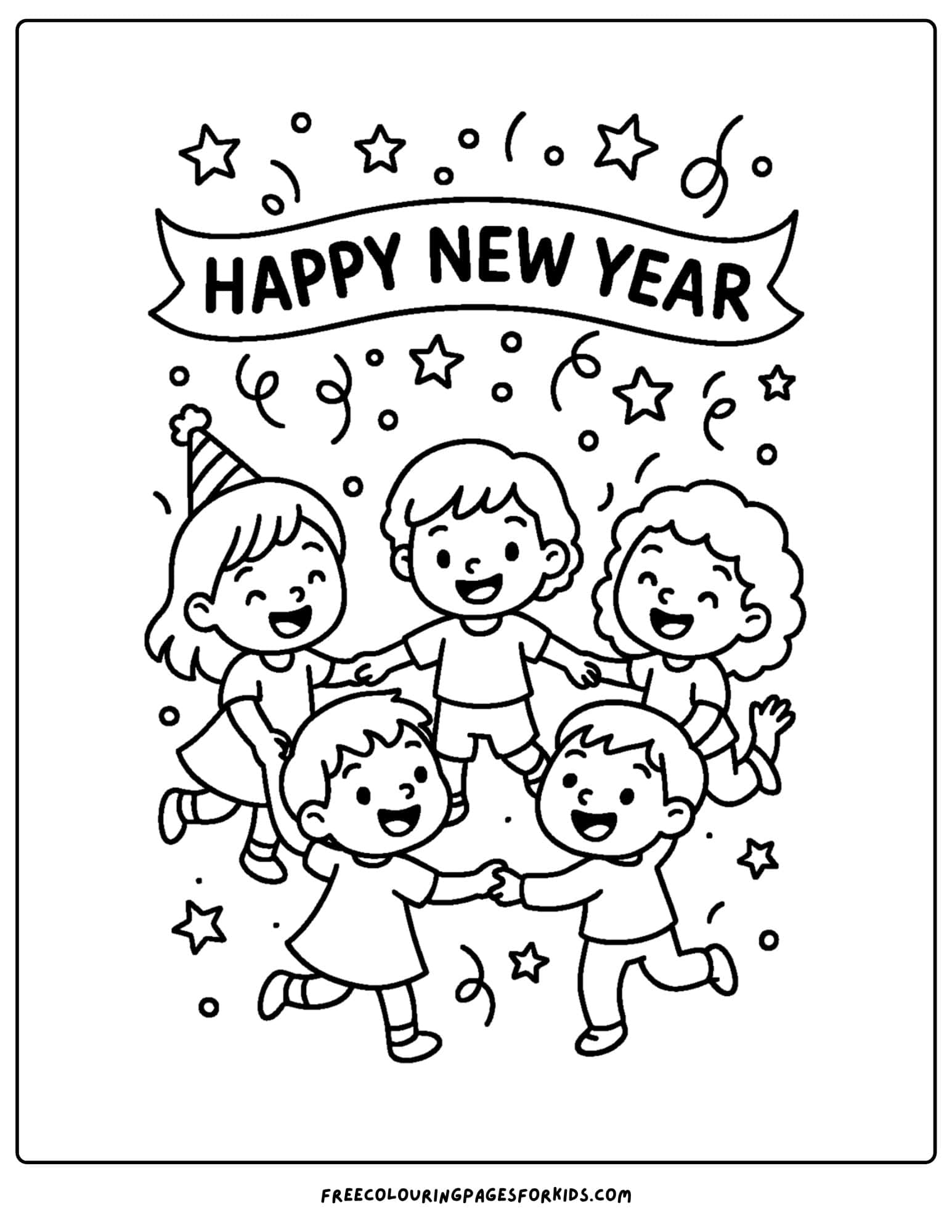 a new year coloring page featuring children dancing in a circle to celebrate the new year