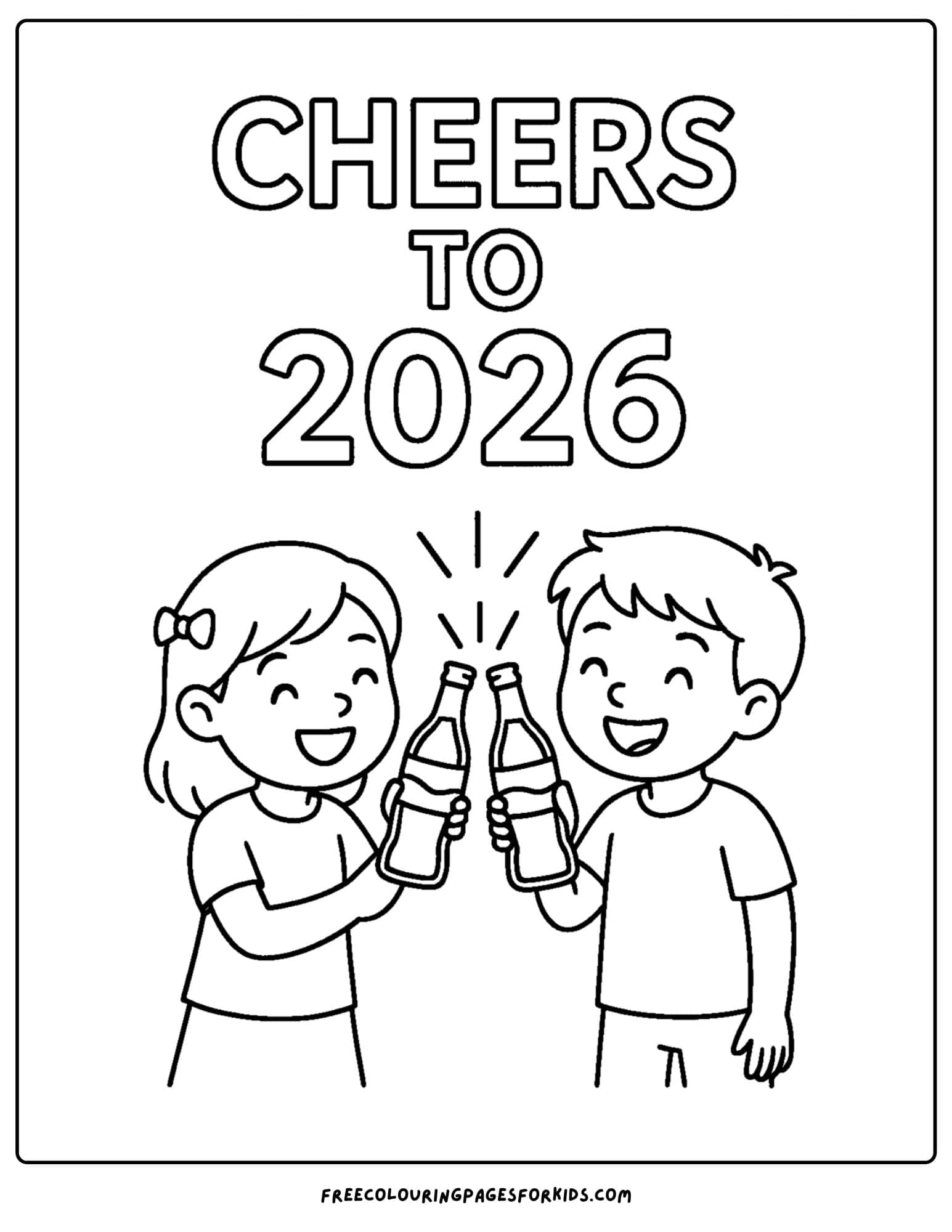 a new year coloring page featuring kids clicking soda bottles to celebrate 2026